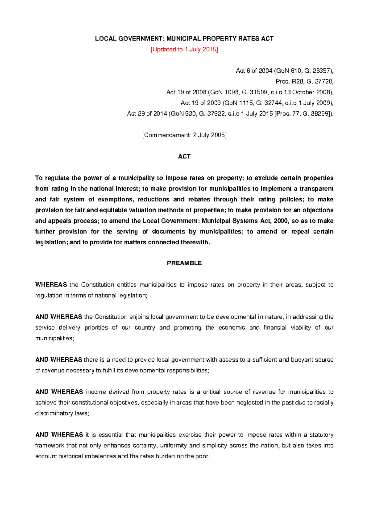 Municipal Property Rates ACT - LOCAL GOVERNMENT: MUNICIPAL PROPERTY ...