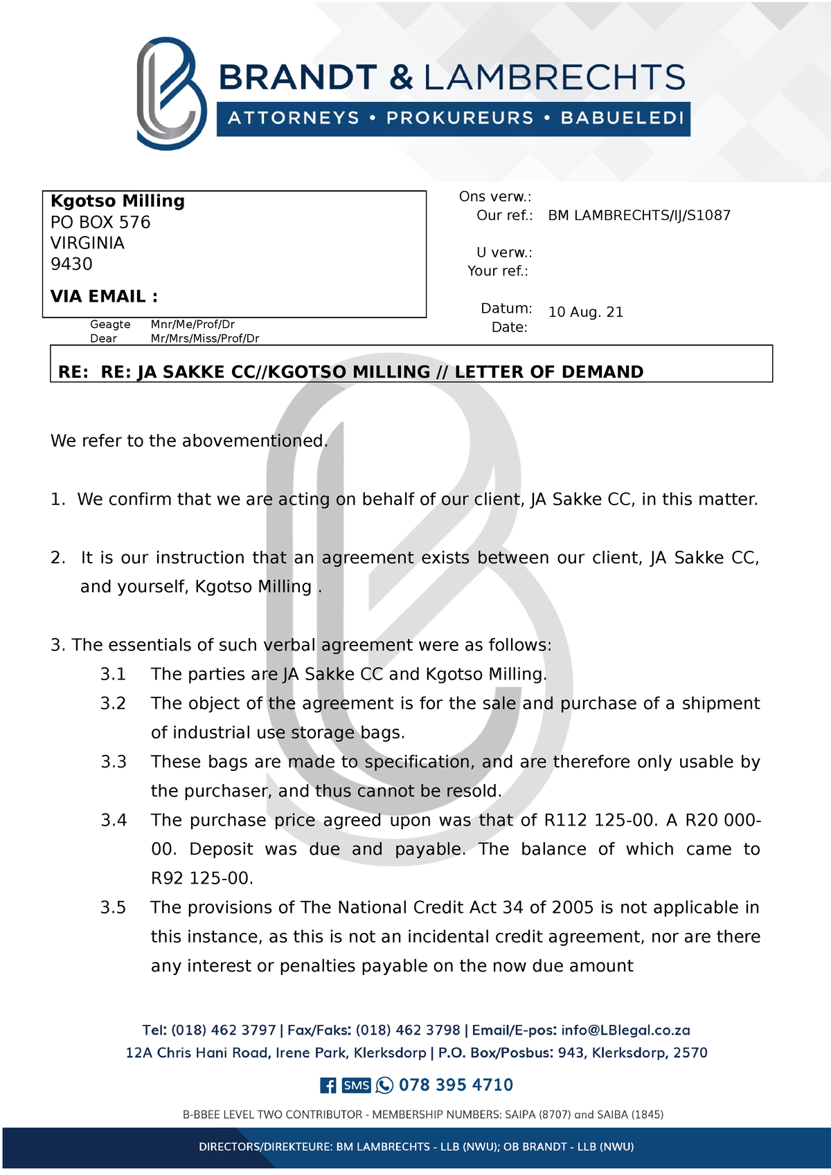 Letter Of Demand (S1087) - CRL41Y0 - UJ - Studocu