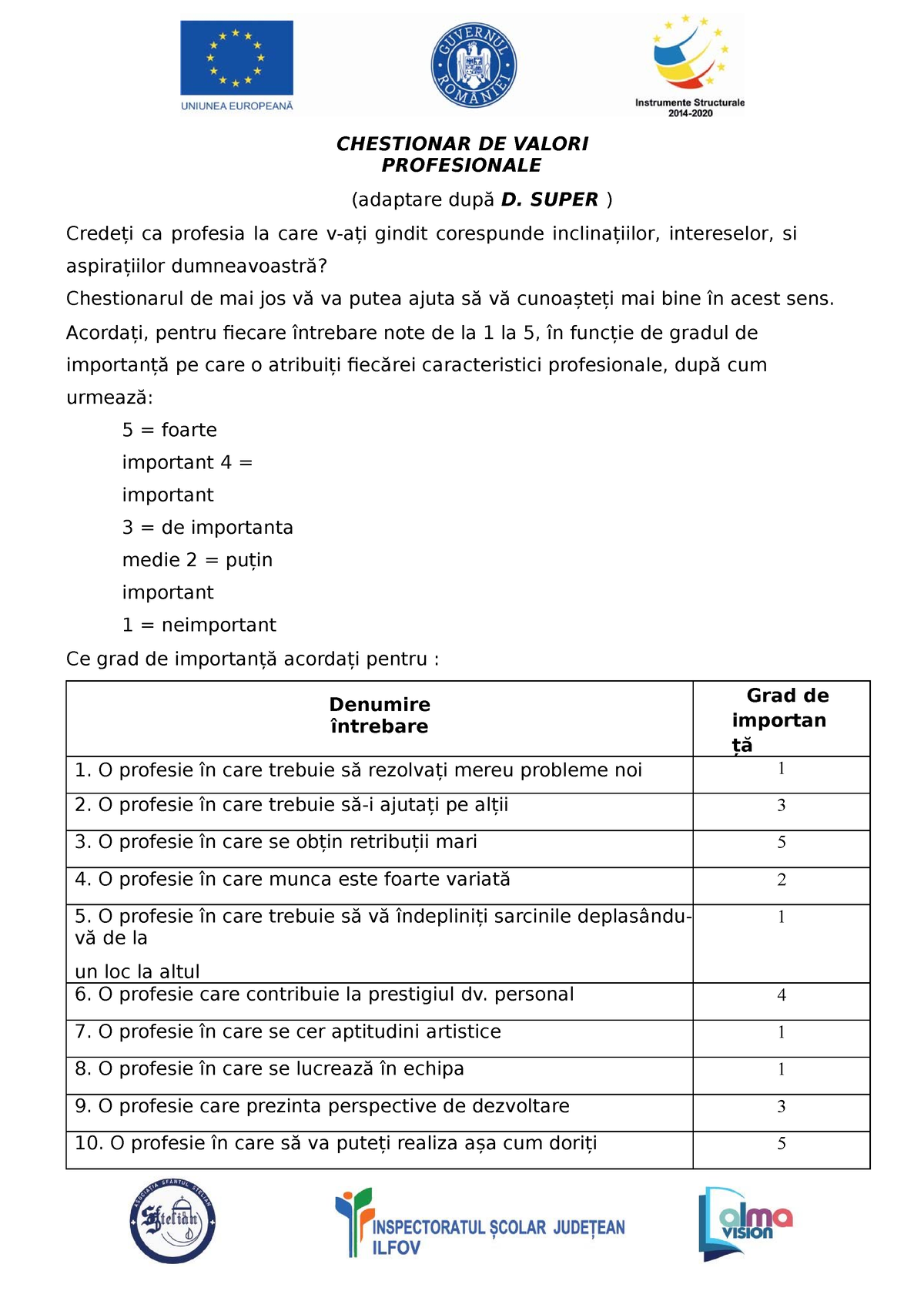 Chestionar de valori profesionale Super  CHESTIONAR DE VALORI