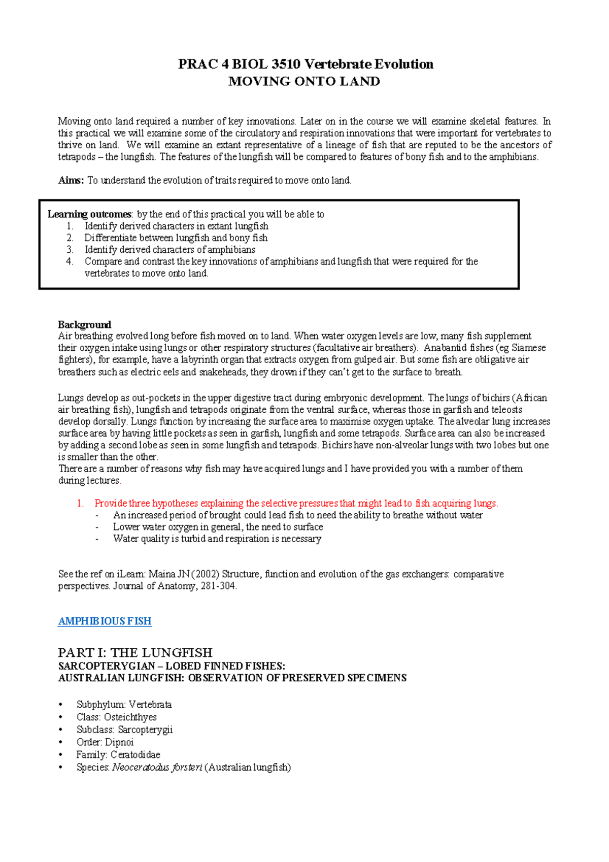 Practical 4 - Amphibians - PRAC 4 BIOL 3510 Vertebrate Evolution MOVING ...