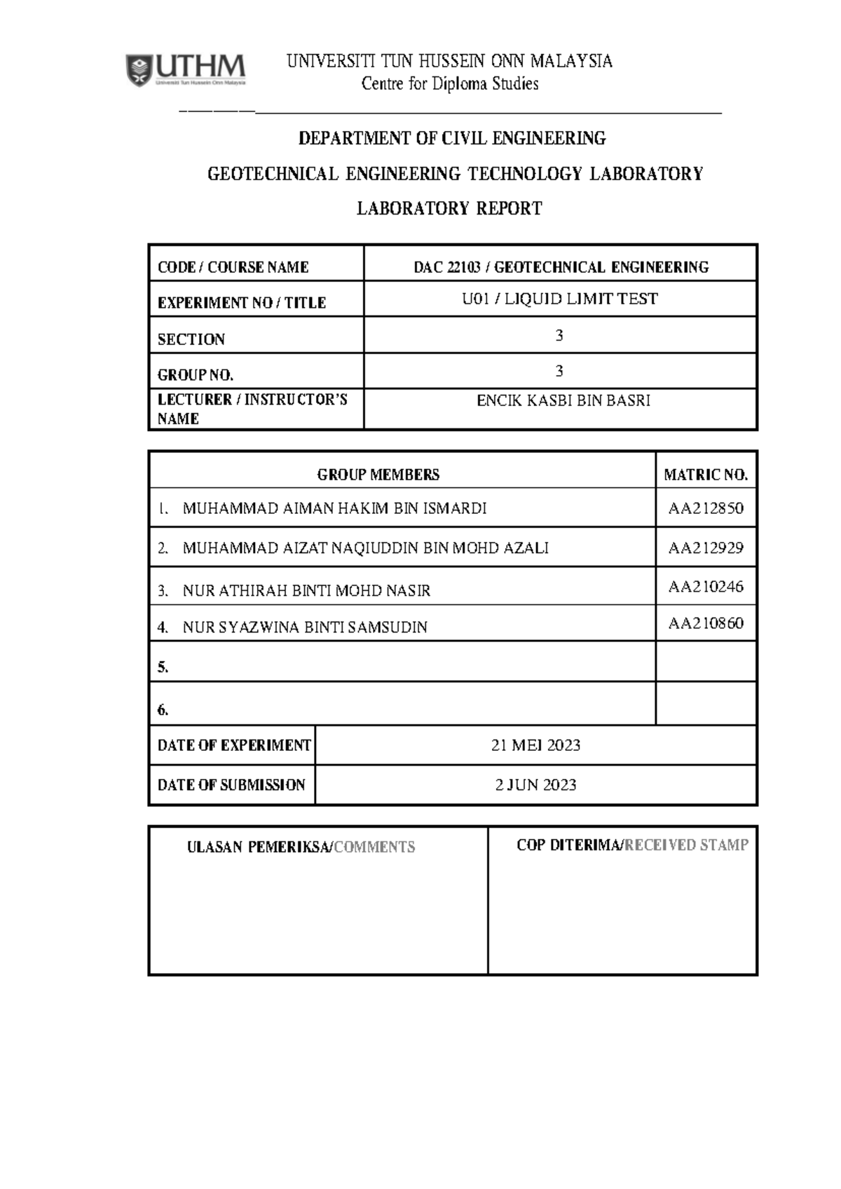 Lab Report Liquid Limit TEST - _________ UNIVERSITI TUN HUSSEIN ONN ...
