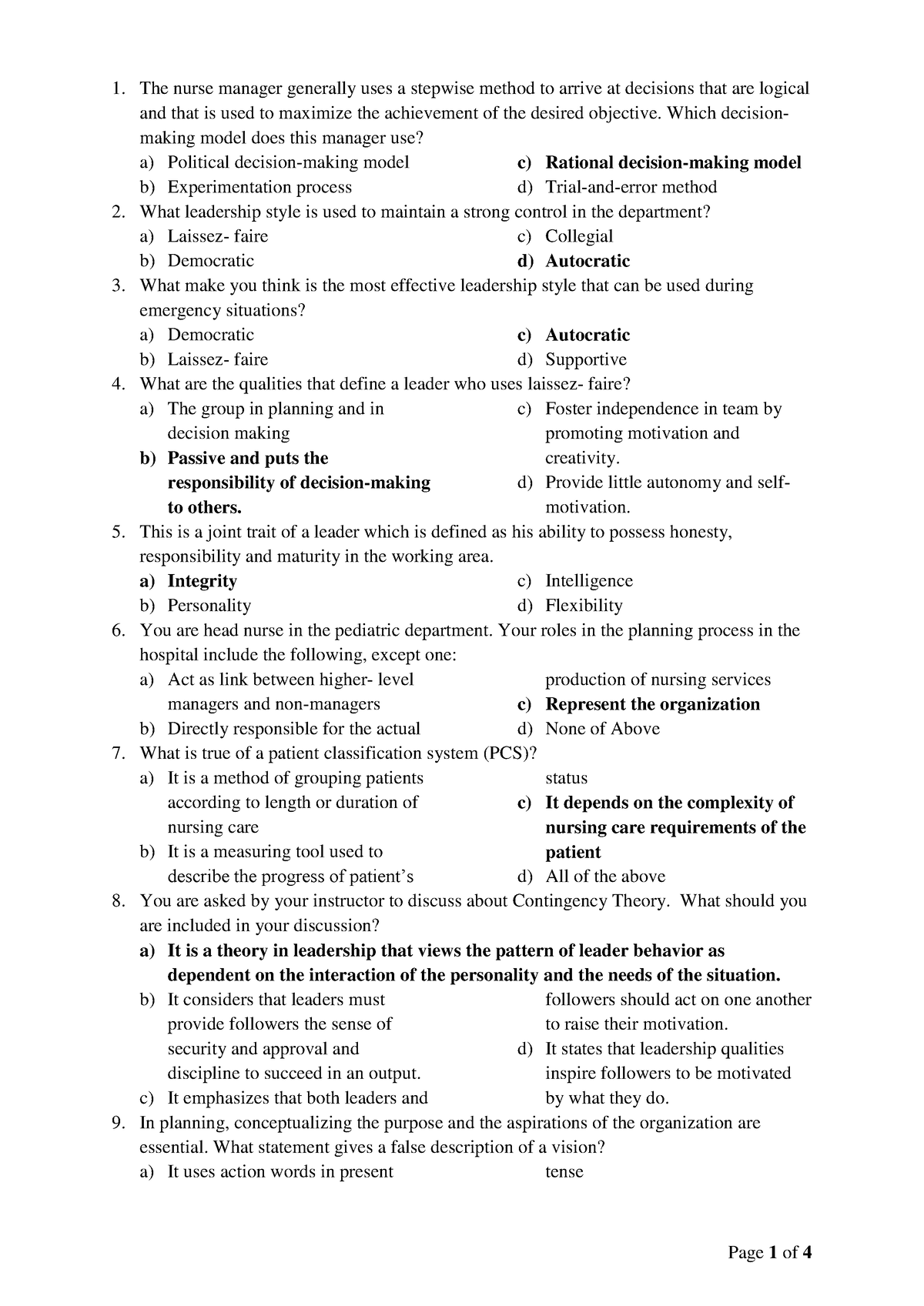 Leadership And Management MCQS With Answ - The Nurse Manager Generally ...