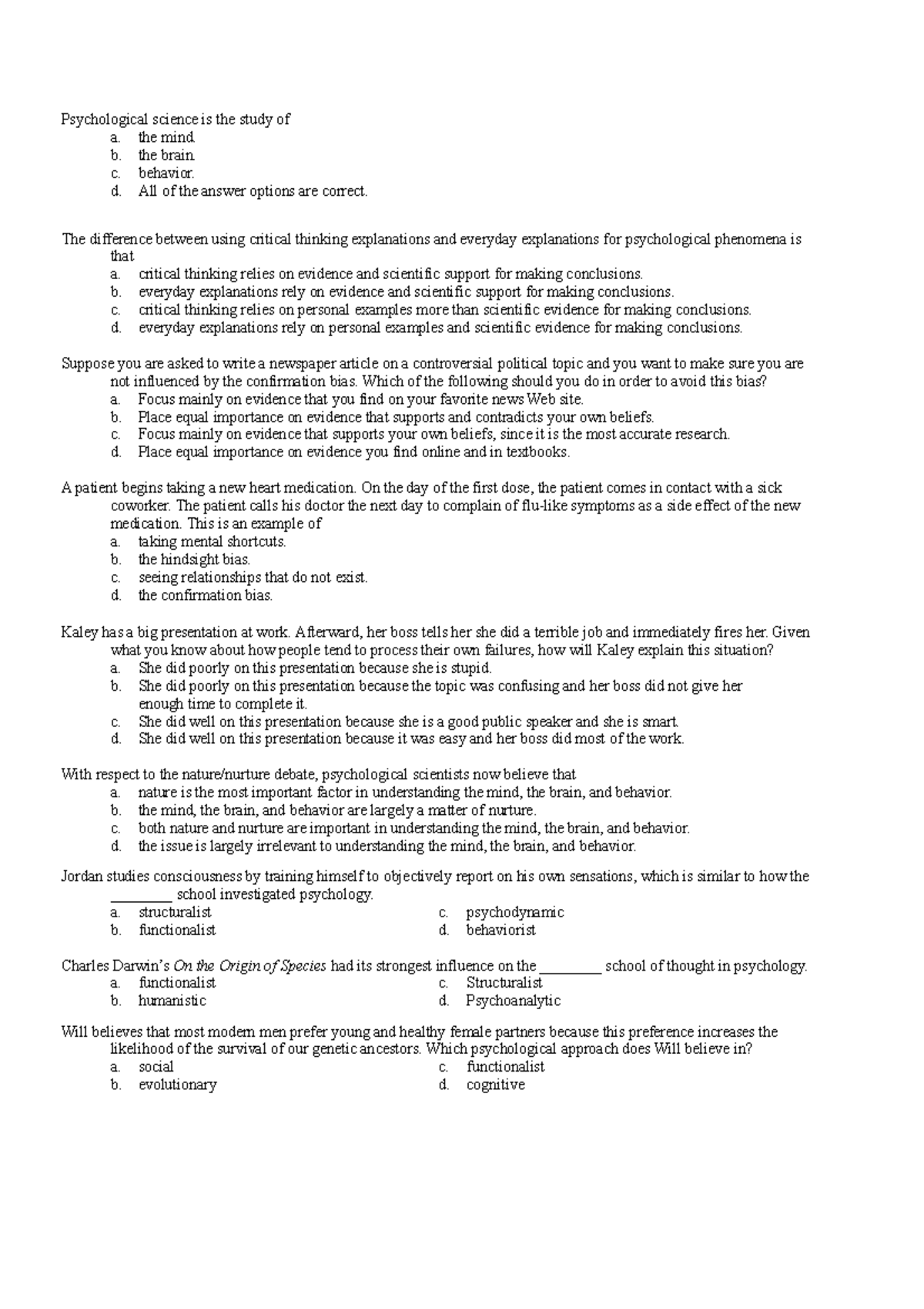 Exercise Lecture 1 - Psychological Science Is The Study Of A. The Mind ...