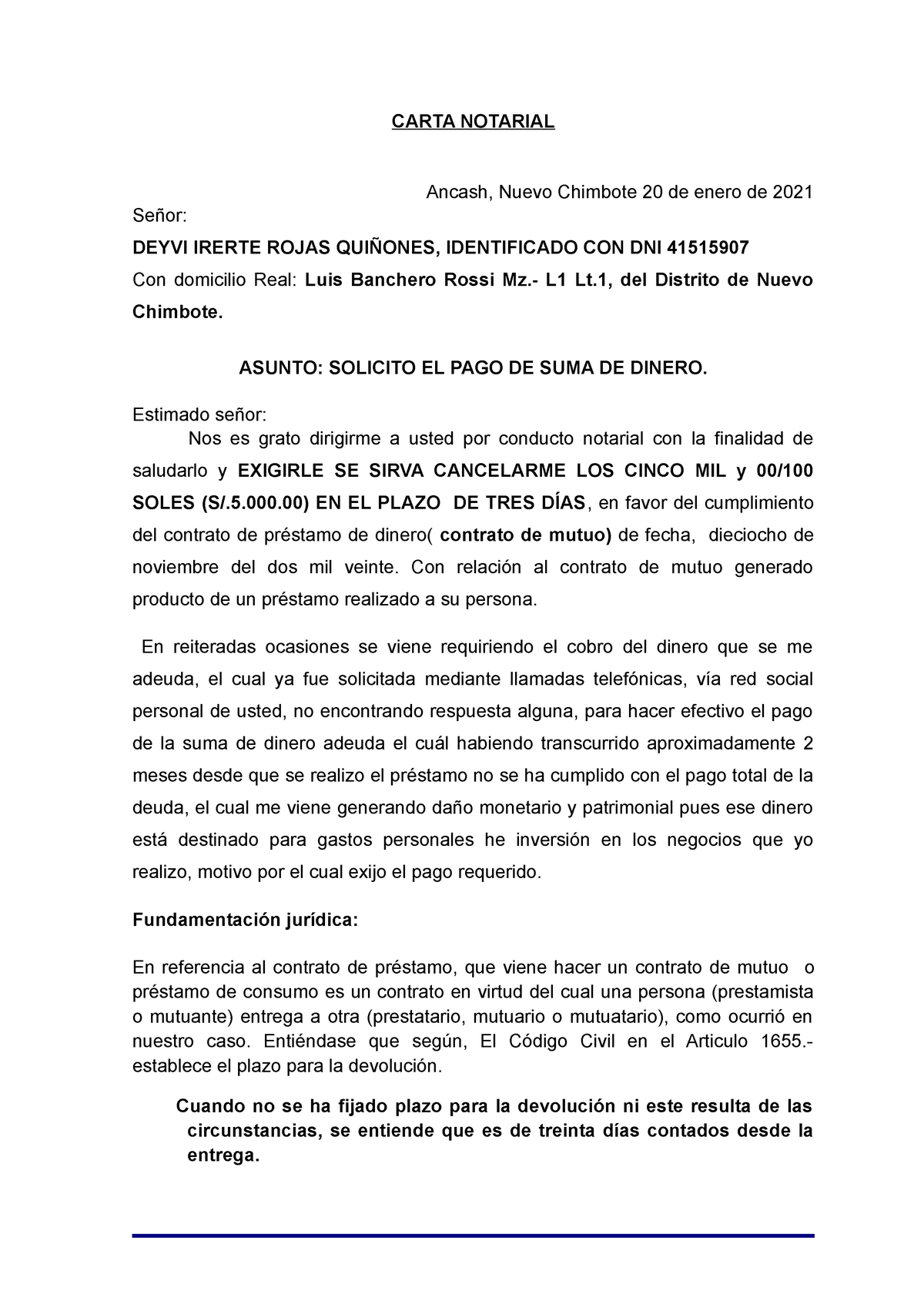 Carta Notarial . Karla - CARTA NOTARIAL Ancash, Nuevo Chimbote 20 de enero  de 2021 Señor: DEYVI - Studocu