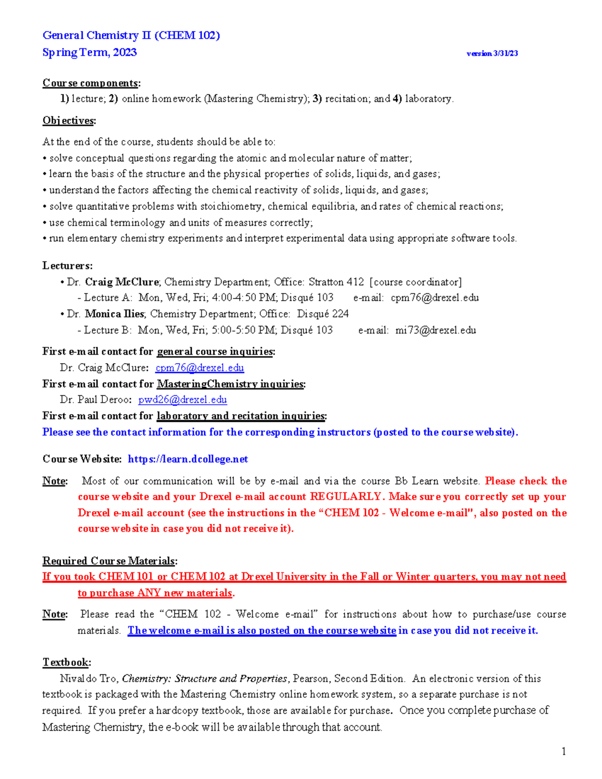 CHEM 102 - Syllabus - General Chemistry II (CHEM 102) Spring Term, 2023 ...