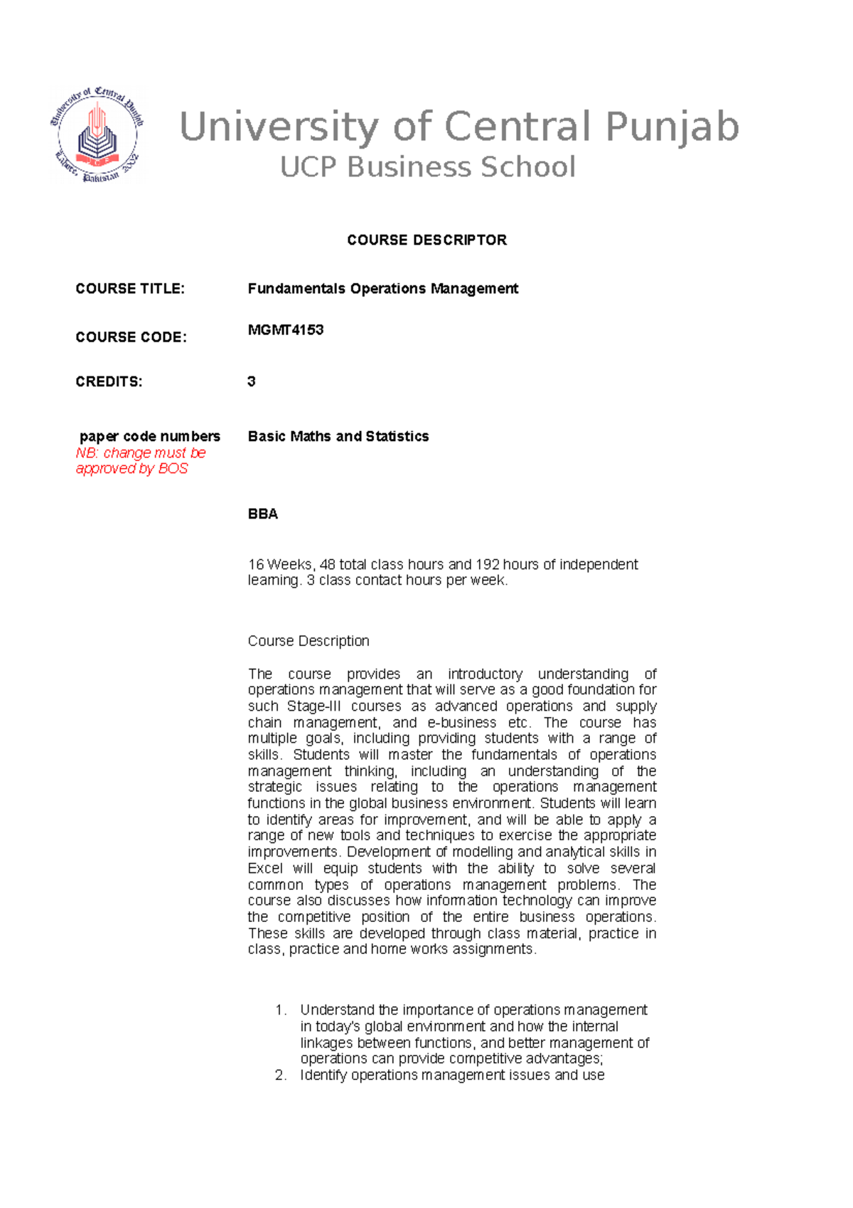 Course Descriptor Fun Opr Mgmnt - University of Central Punjab UCP ...