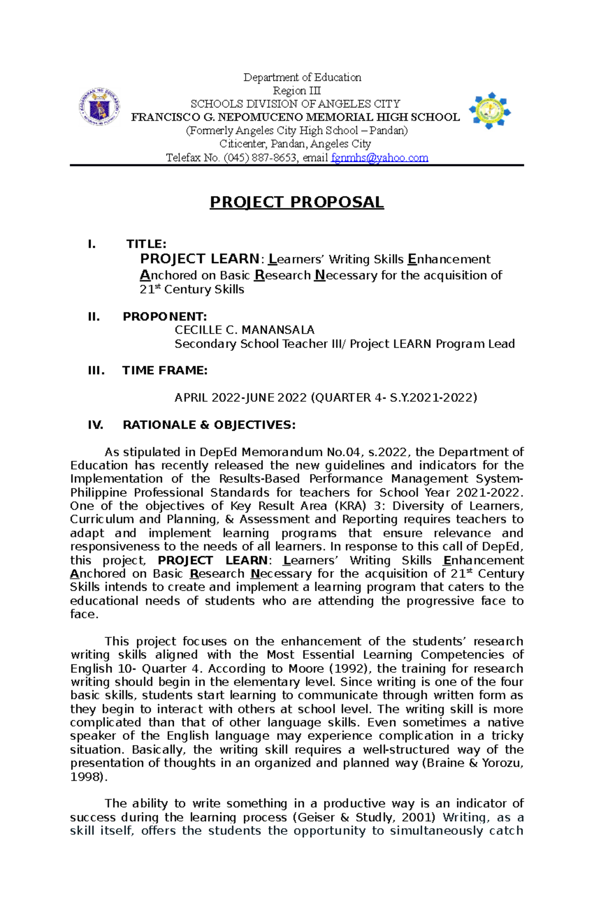 Project Learn Proposal - Department of Education Region III SCHOOLS ...