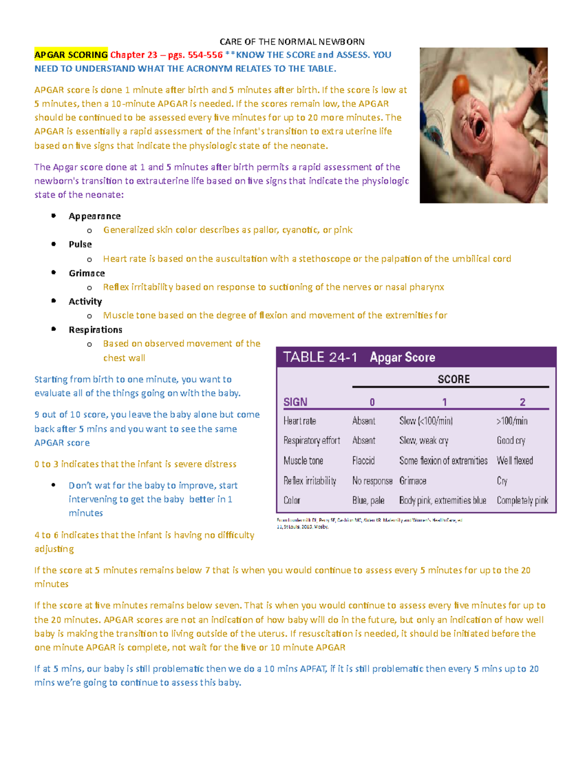 7- Care of the Normal Newborn - **APGAR SCORING Chapter 23 – pgs. 554 ...