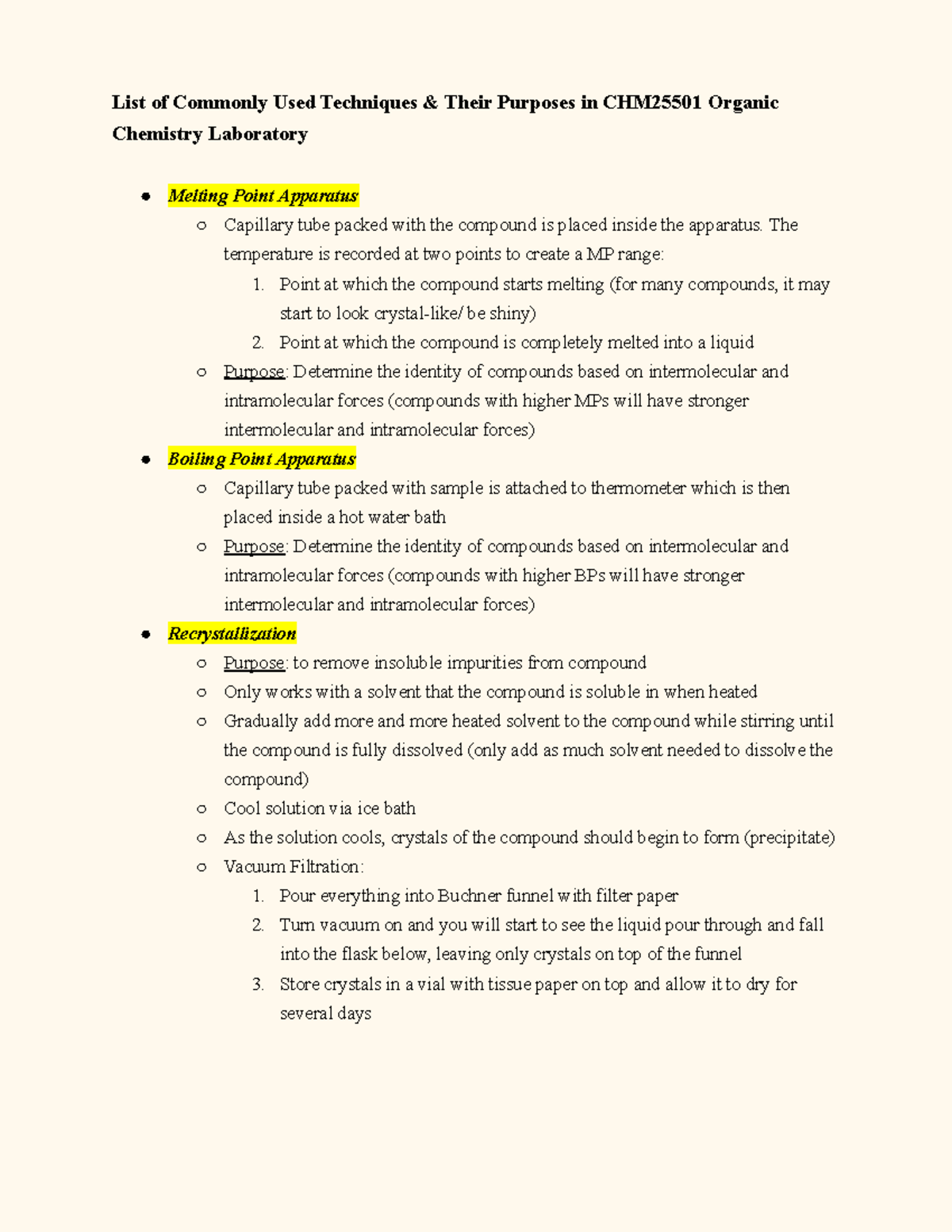 CHM25501 Organic Chemistry Lab Techniques Overview (good to refer to