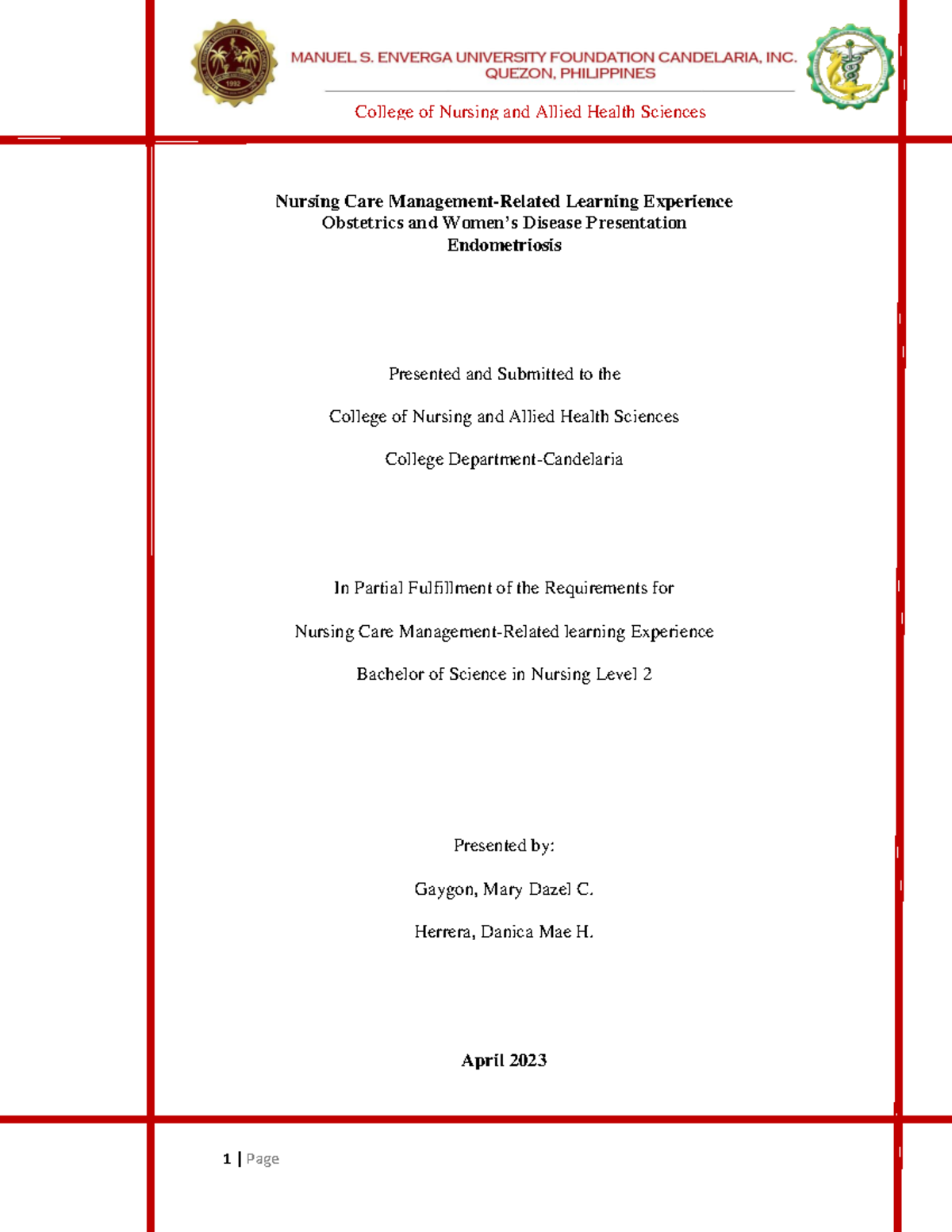 Endo Nursing Care ManagementRelated Learning Experience Obstetrics