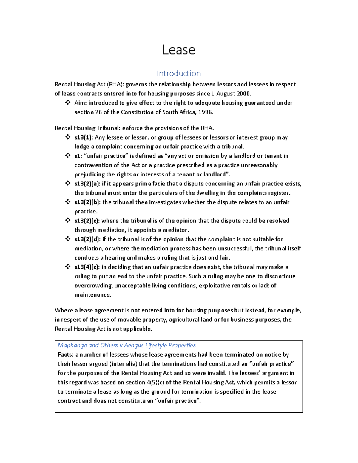Lease agreements Lease Introduction Rental Housing Act (RHA) governs