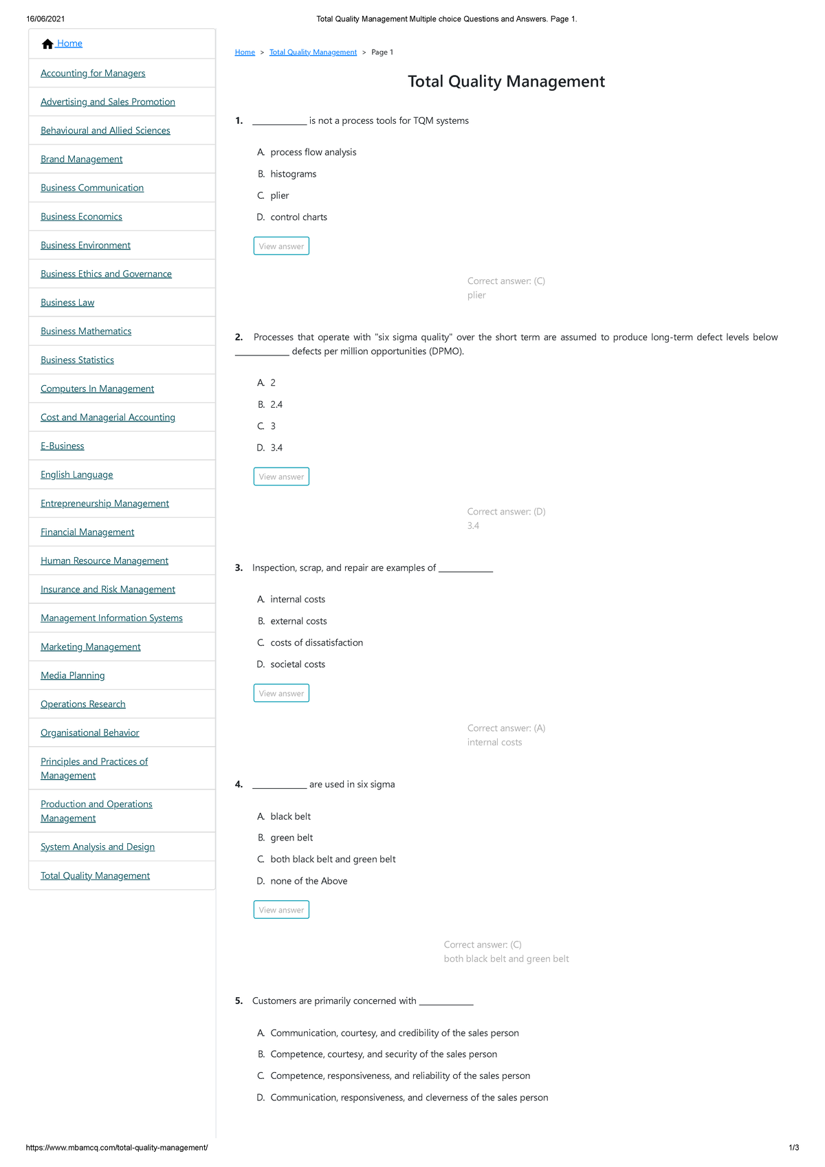 Total Quality Management Multiple Choice Questions And Answers. Page 1 ...