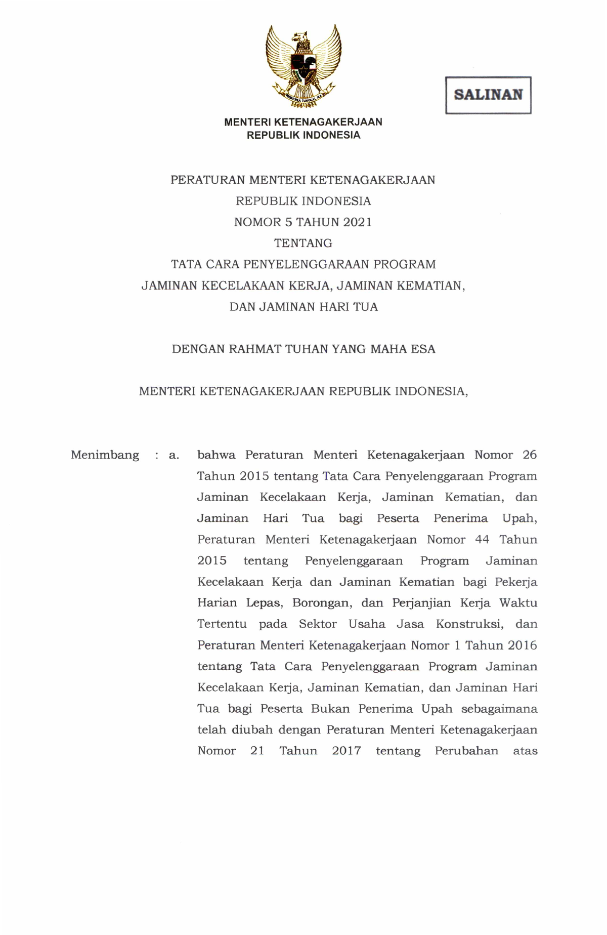 Permenaker Nomor 5 Tahun 2021 - A. Bahwa Peraturan Menteri ...