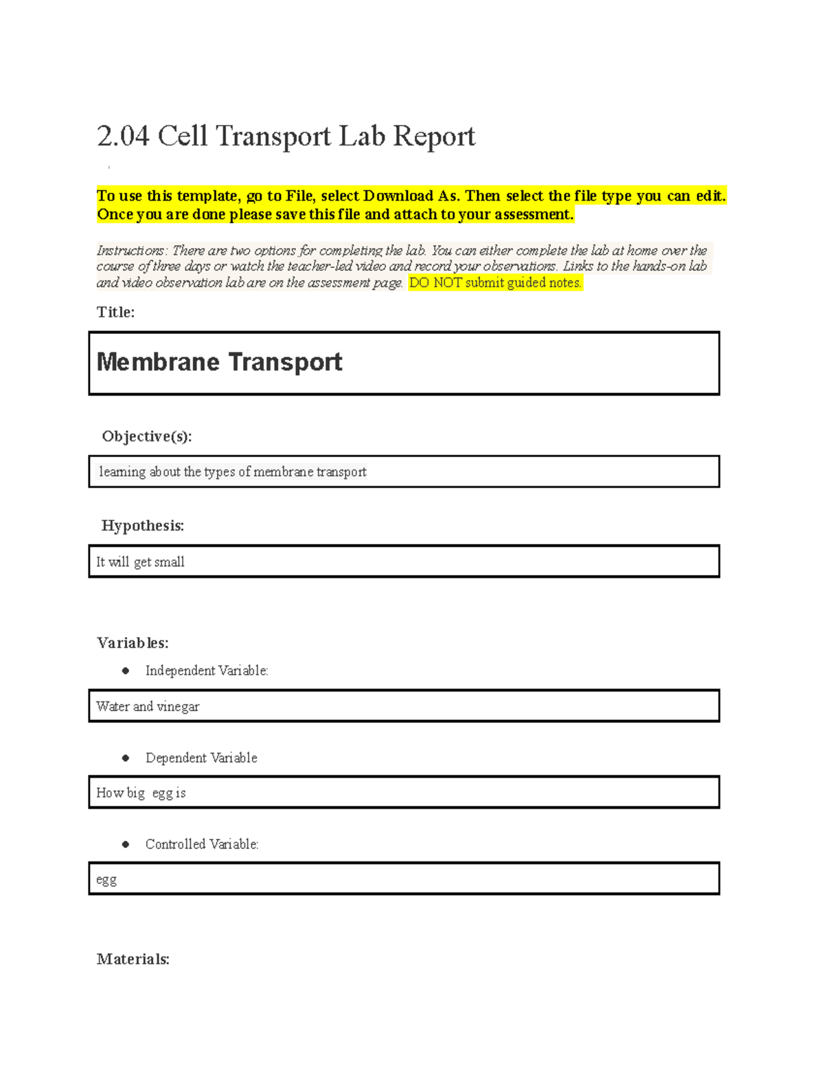 2.04 Bio Lab Report 2 Cell Transport Lab Report To use this template