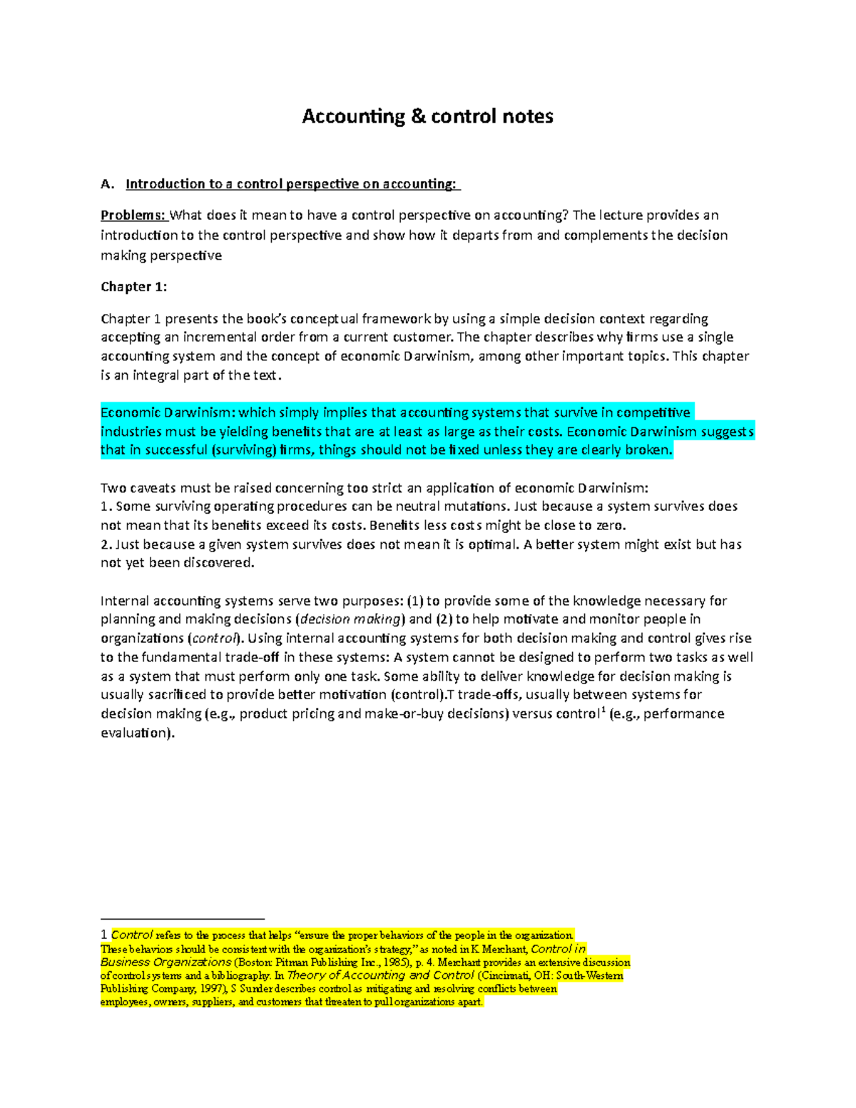 Accounting control notes - Introduction to a control perspective on ...