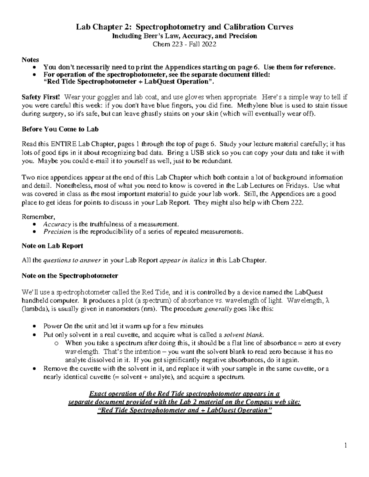 Lab Chapter 2 - Spectrophotometry and Calibration Curves 2022 - Lab ...