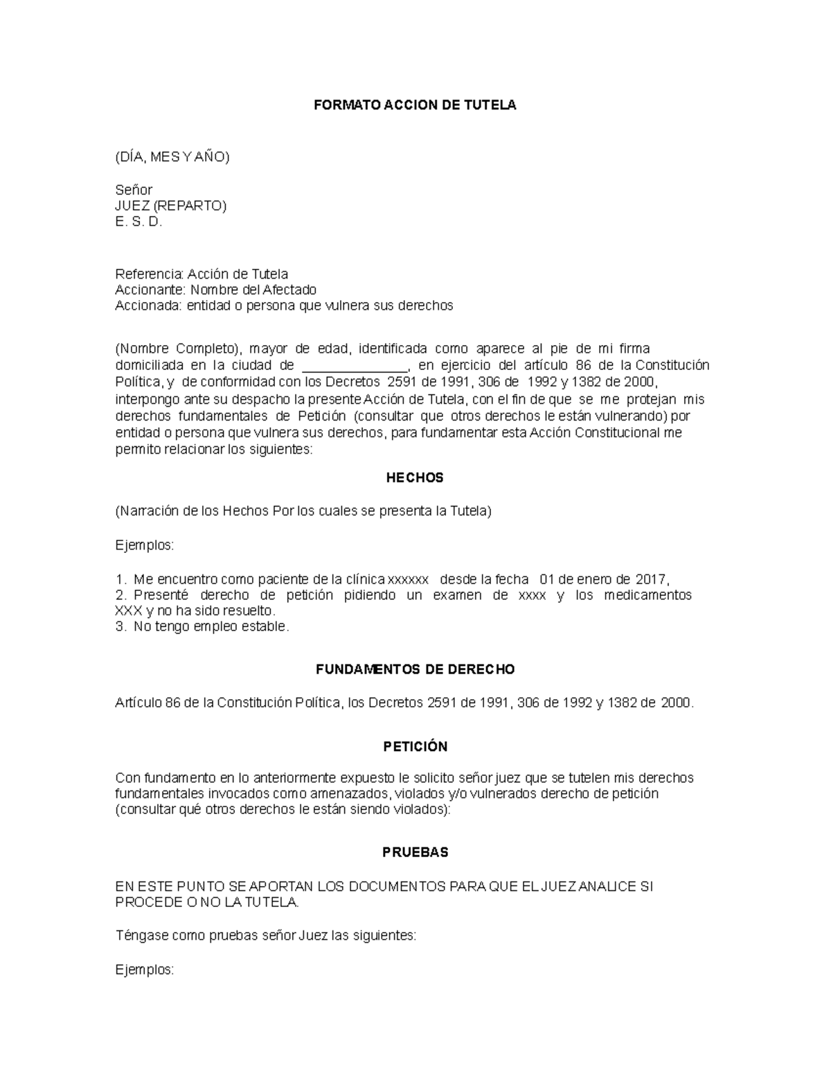 Formato Accion DE Tutela - FORMATO ACCION DE TUTELA (DÍA, MES Y AÑO ...