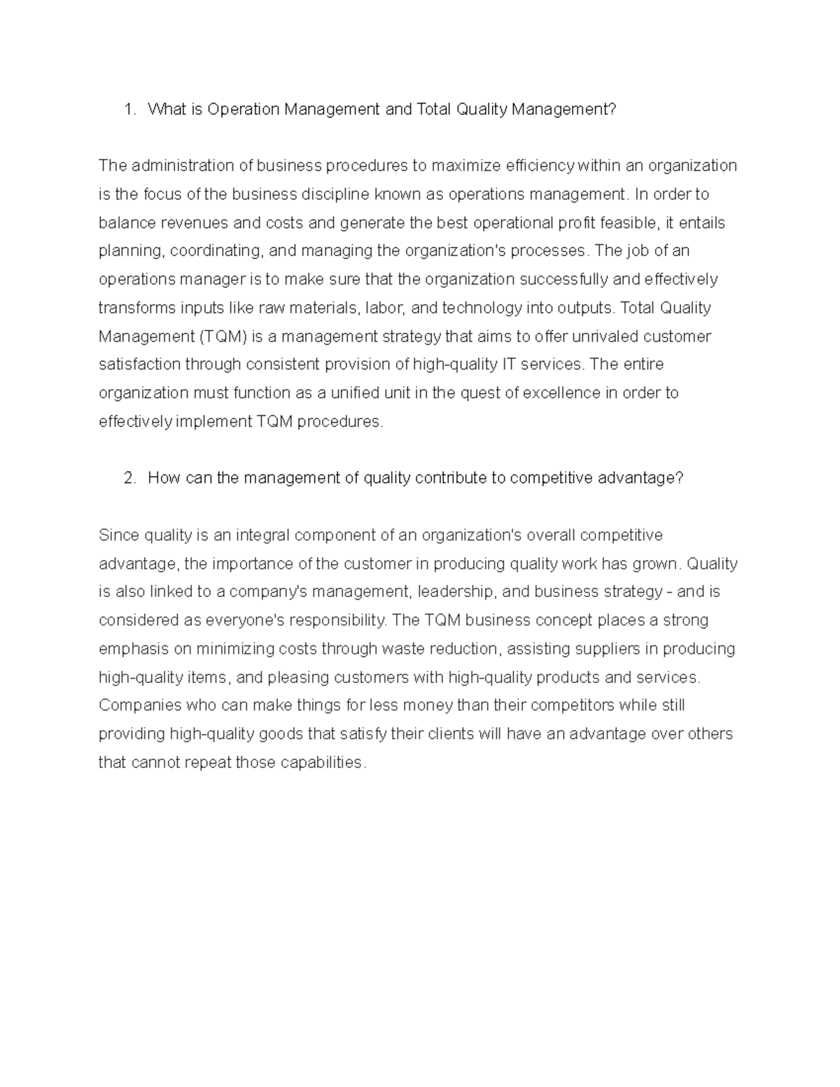 Assignment # 1 TQM - operating managment - What is Operation Management ...