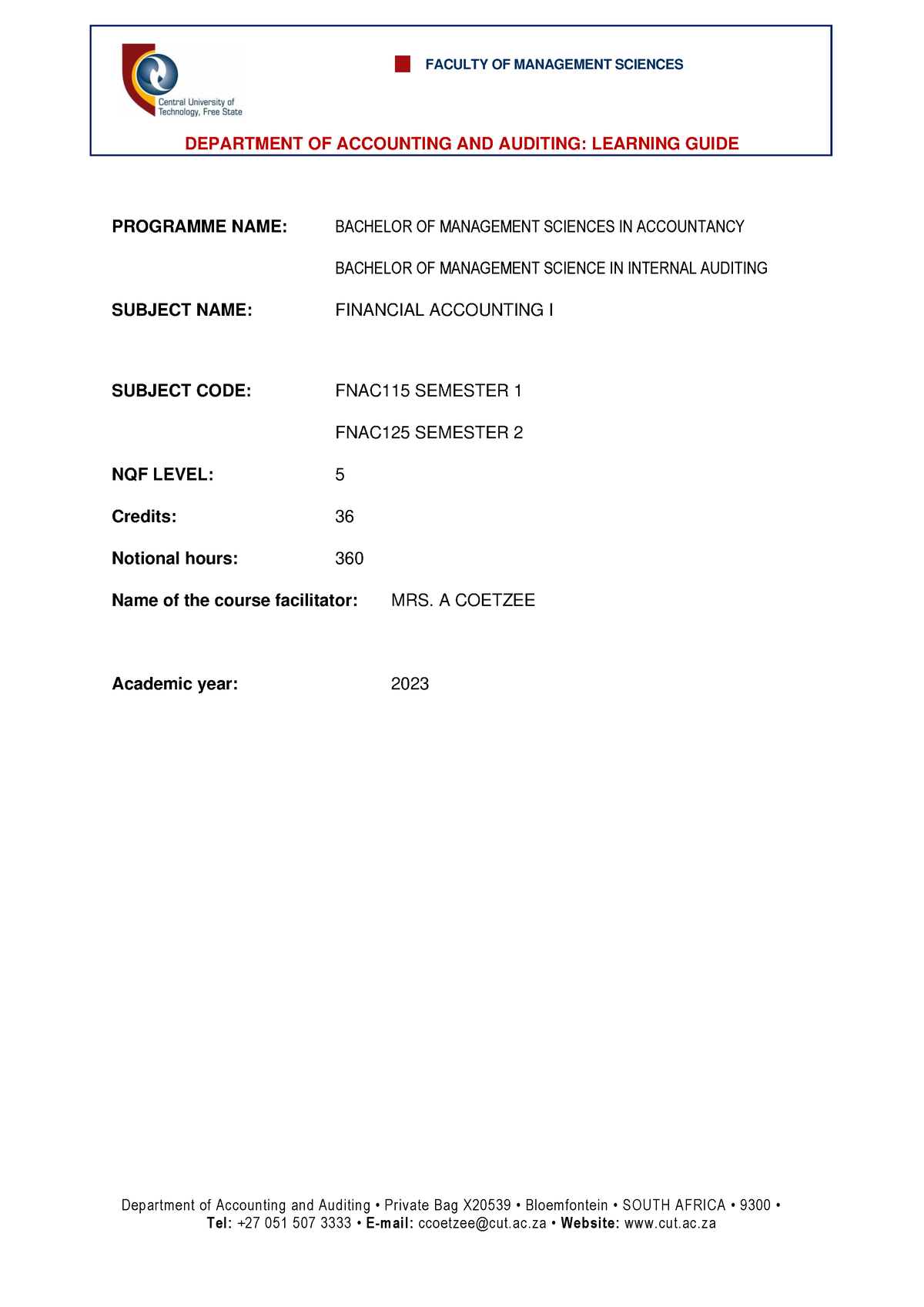 Learning Guide FNAC 115 and FNAC125(1) - DEPARTMENT OF ACCOUNTING AND ...