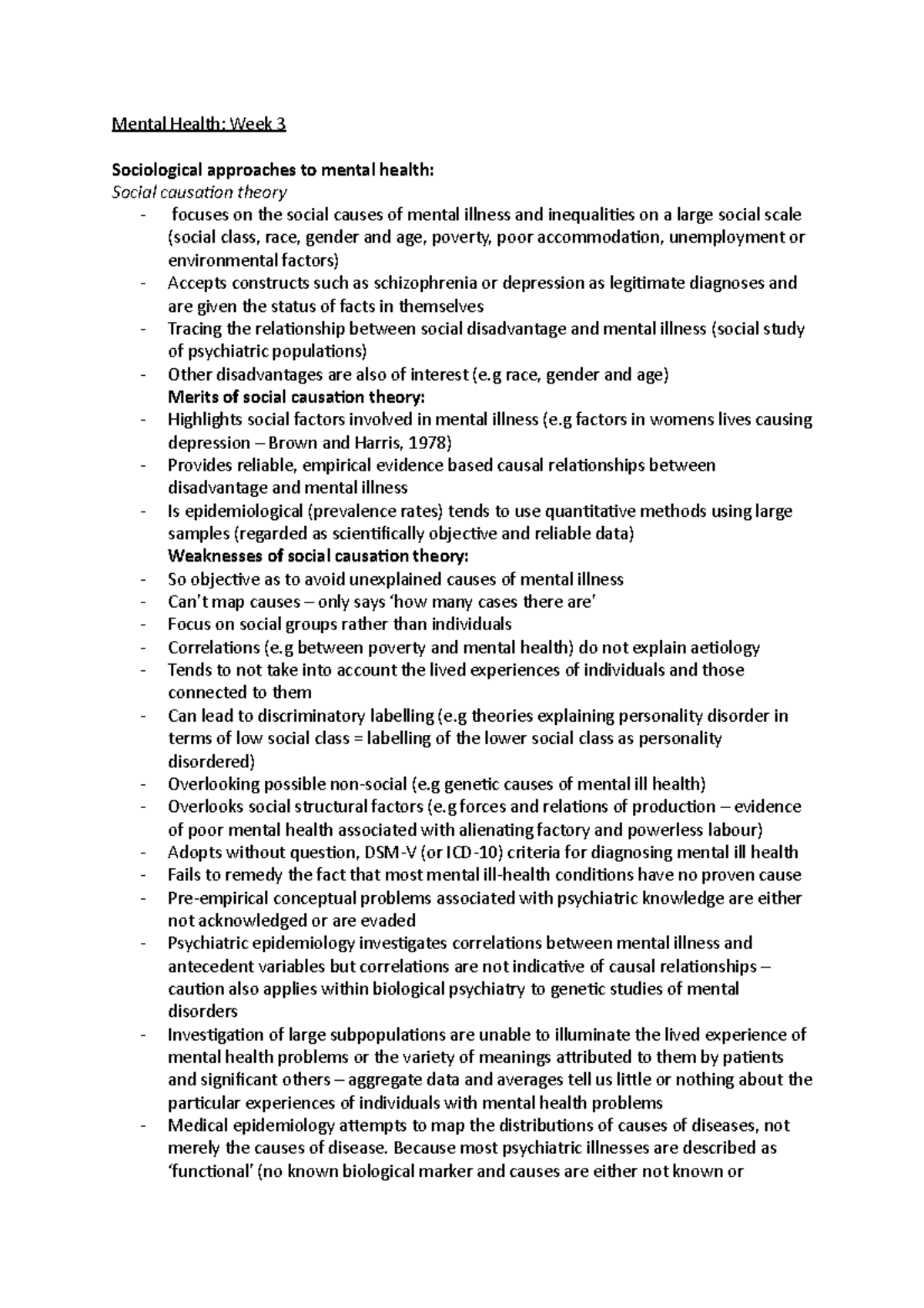 Week 3 - n/a - Mental Health: Week 3 Sociological approaches to mental ...