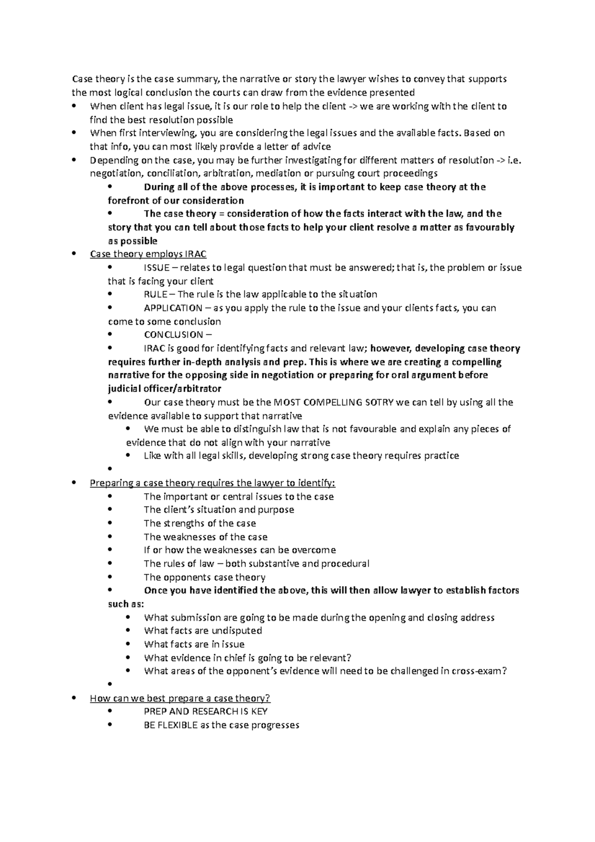 Lecture Notes advocacy Case theory is the case summary, the