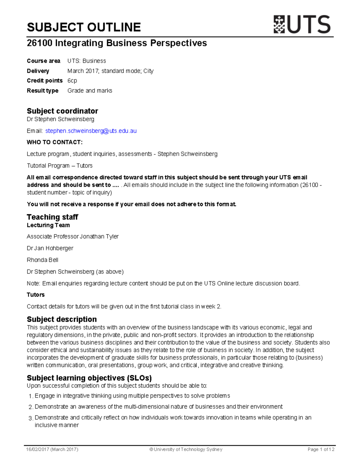 Subject Outline- IBP - SUBJECT OUTLINE 26100 Integrating Business ...
