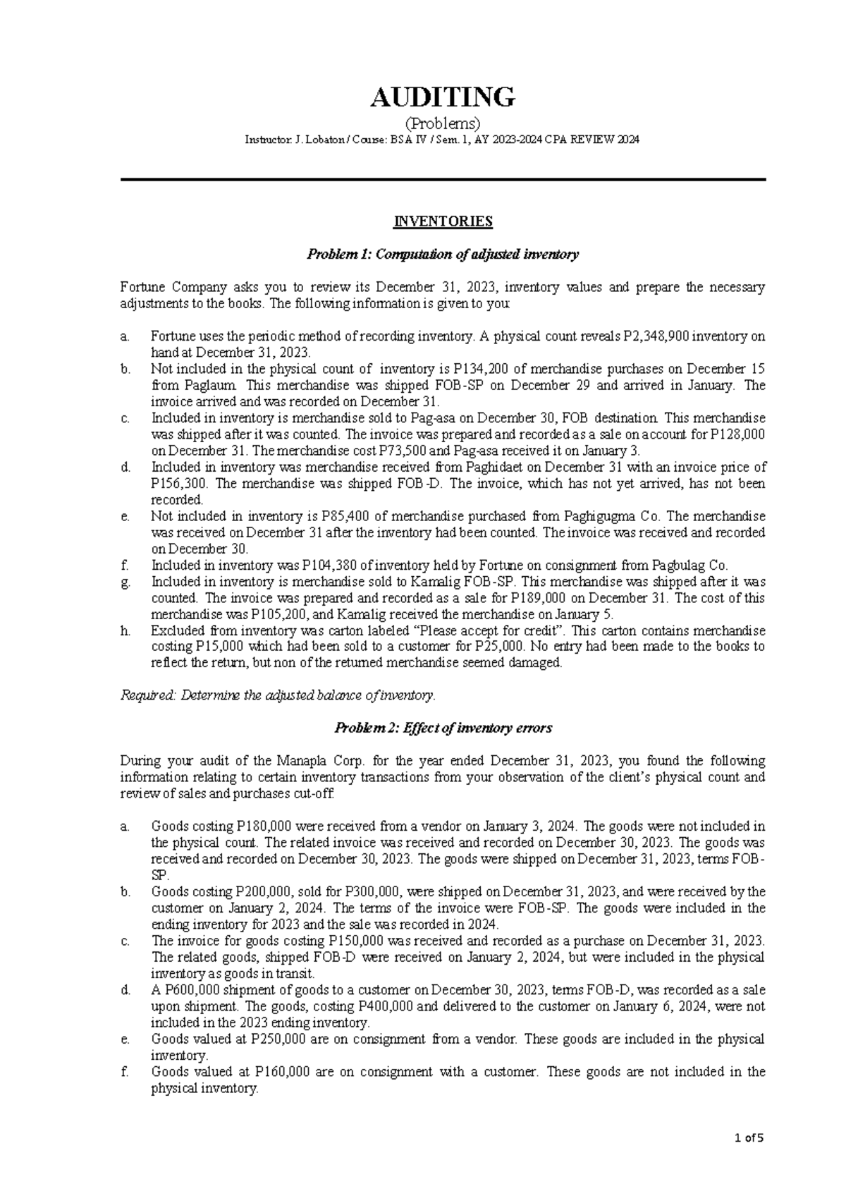 AP-Review-1 - Notes, Problems and Solutions - AUDITING (Problems ...
