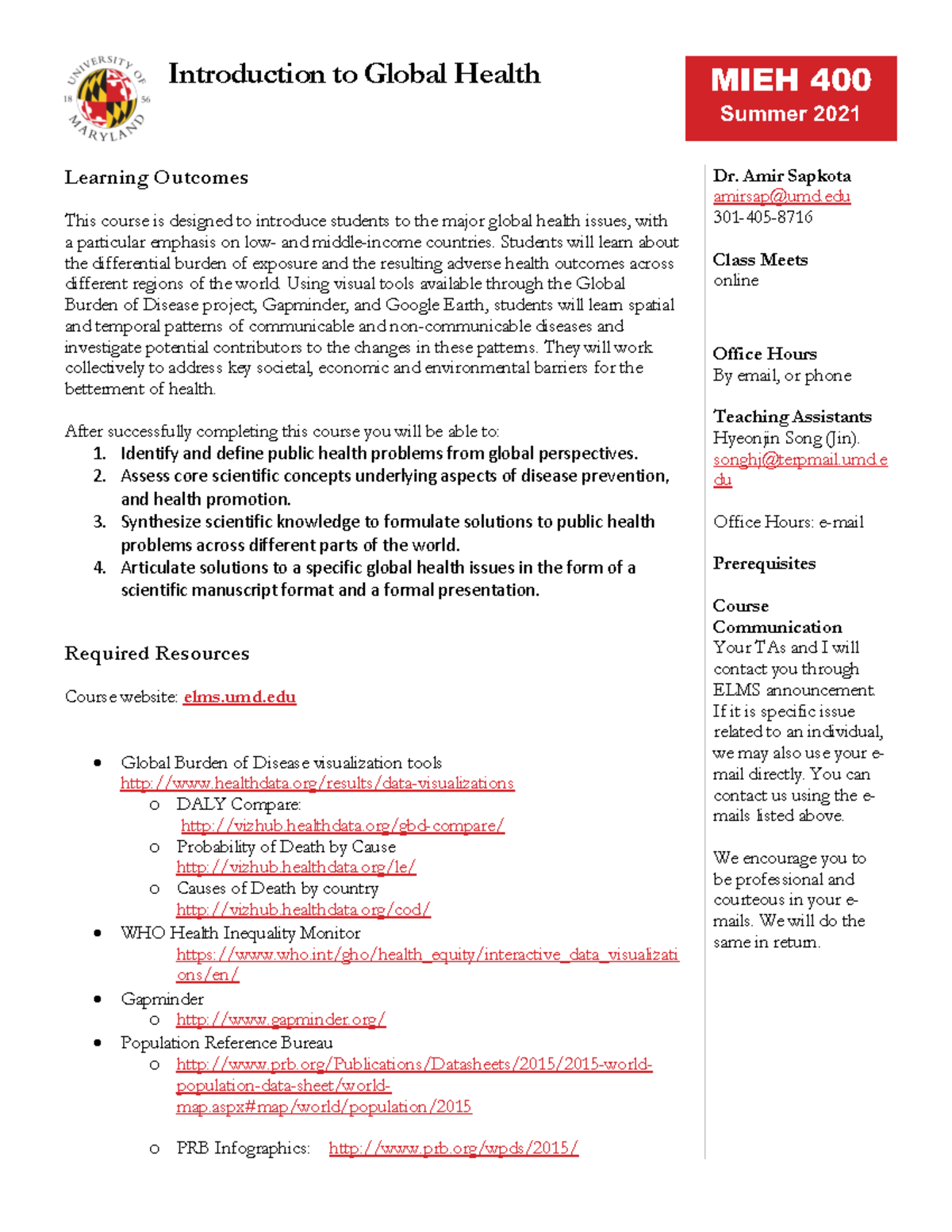 MIEH400 Summer 2021 - syllabus for the global public health course ...