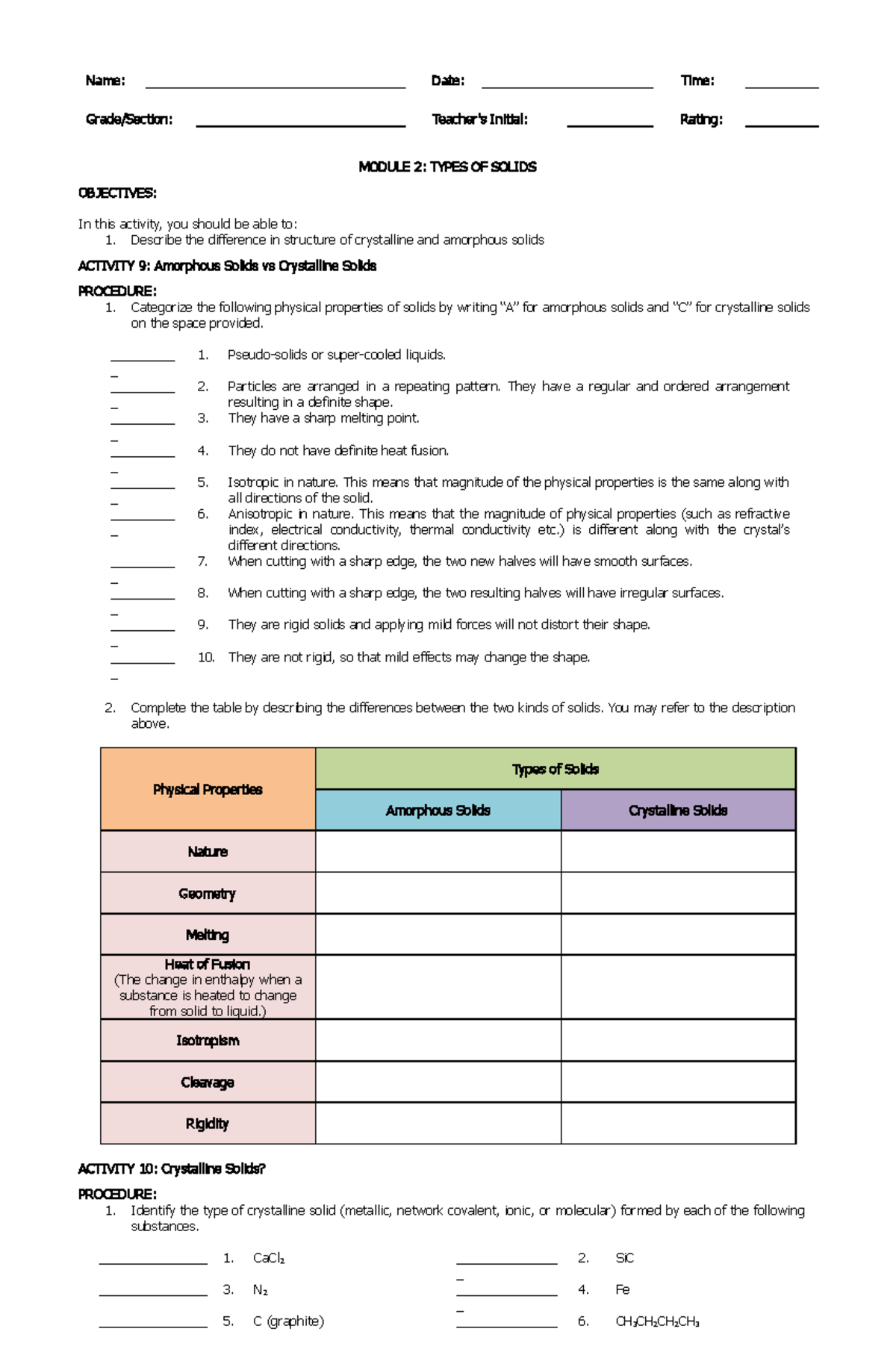 GC Activity 3 Types of Solids - Name: Date: Time: Grade/Section ...