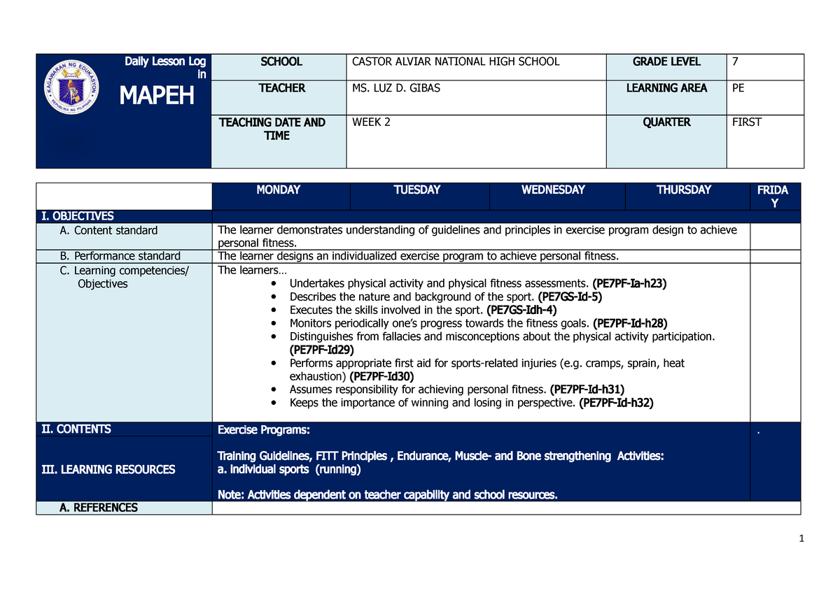 Q1 Grade 7 PE DLL Week 2 - DAILY LESSON PLAN - Daily Lesson Log In ...