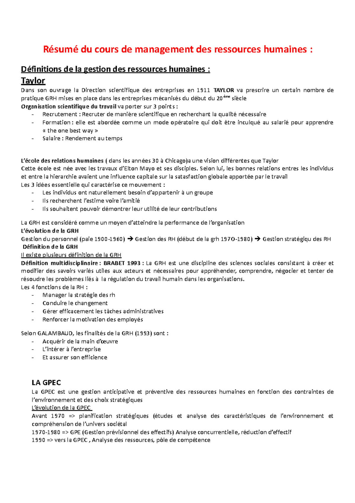 Résumé de managementdes ressources humaines Résumé du cours de management des ressources Résumé de managementdes ressources humaines Résumé du cours de management des ressources