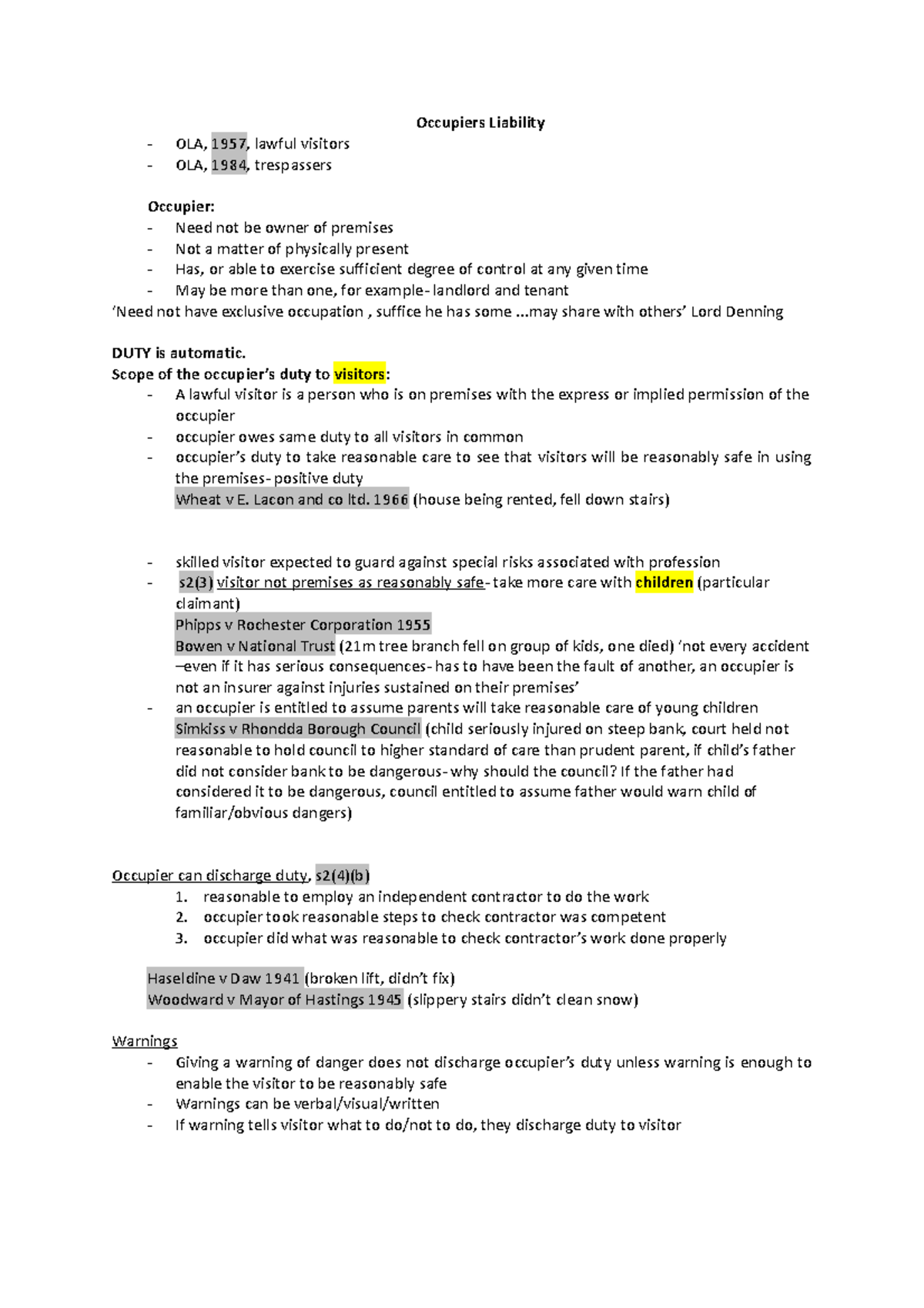 Occupiers Liability - Unit 8 - Occupiers Liability OLA, 1957 , lawful ...