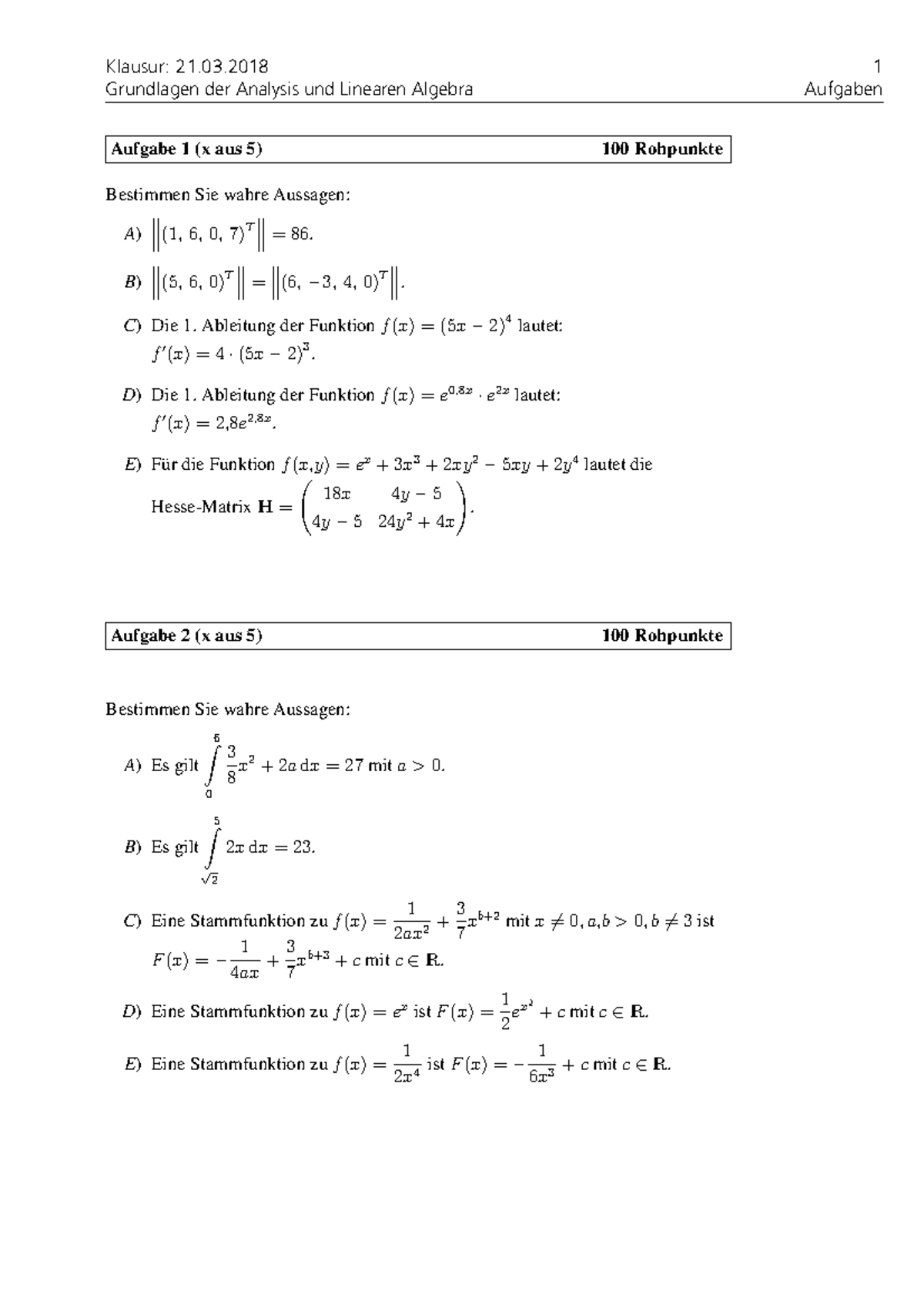 Klausur 2018 - Grundlagen Der Analysis Und Linearen Algebra Aufgaben ...