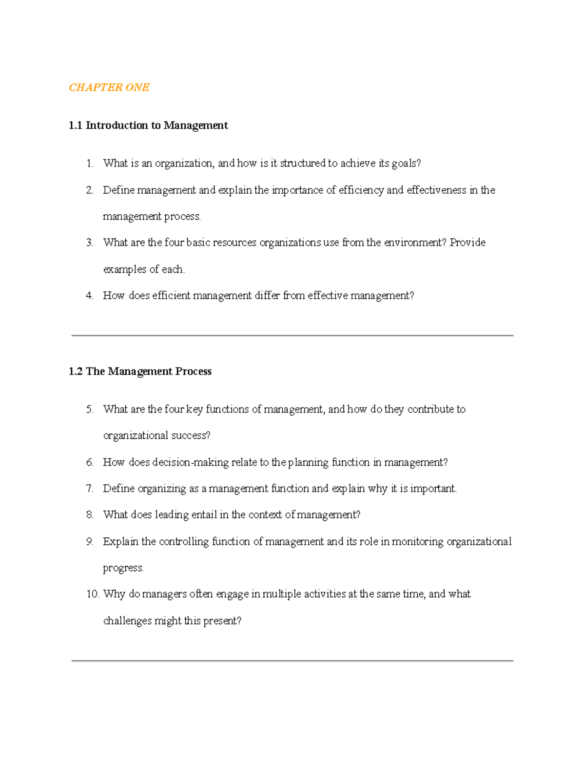 Managemet Exam 1 Study Guide - CHAPTER ONE 1 Introduction to Management ...
