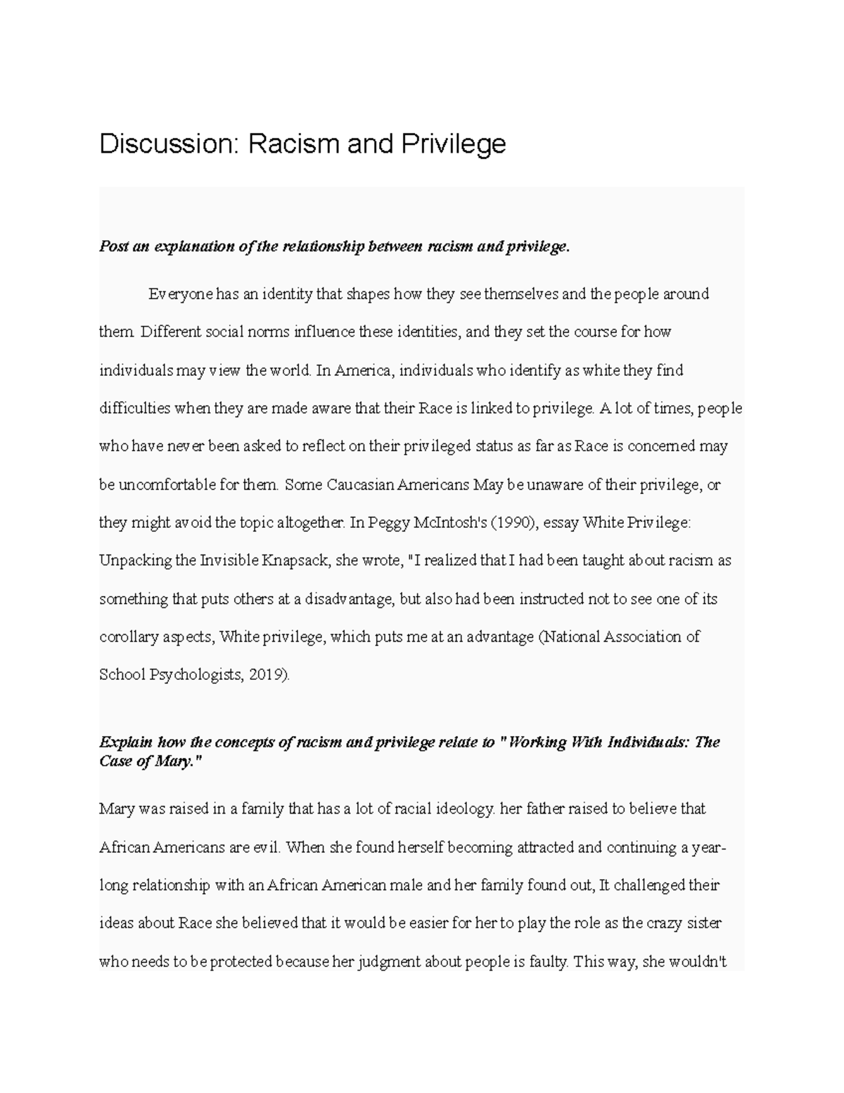 W5D1 - week 5 discussion post - Discussion: Racism and Privilege Post ...