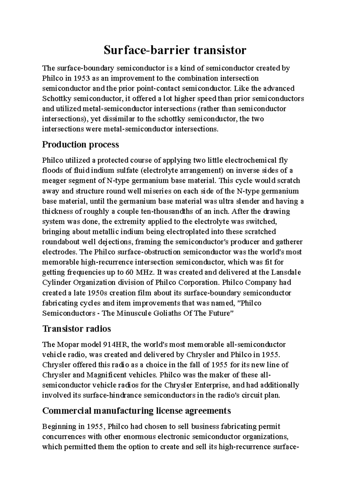 Surfacebarrier transistor Like the advanced Schottky semiconductor
