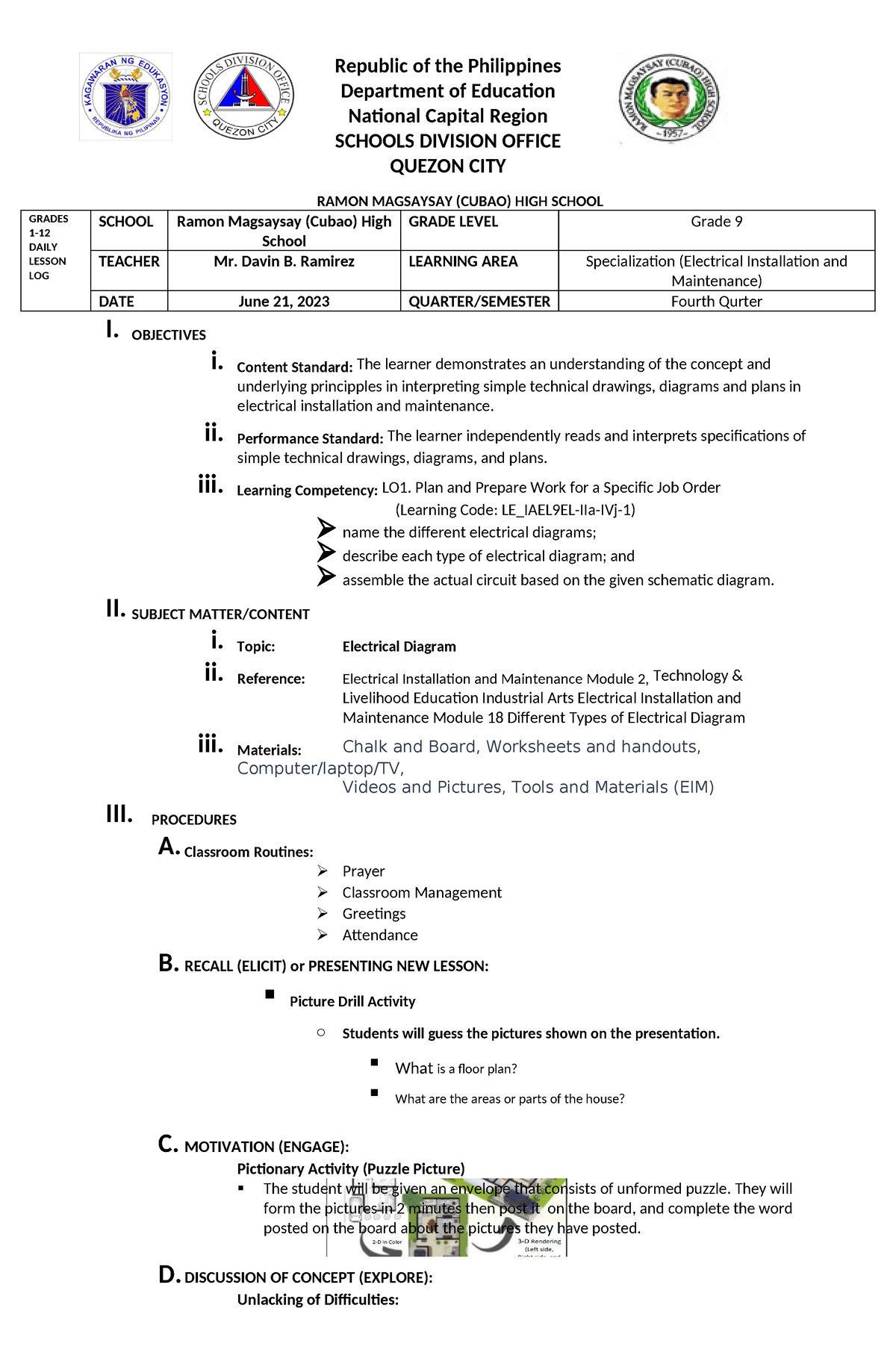 CO LP - LESSON PLAN - Republic of the Philippines Department of ...