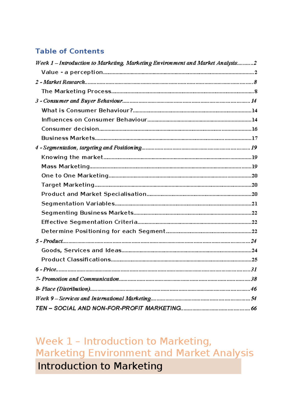 Marketing Notes - Table of Contents Week 1 – Introduction to Marketing ...