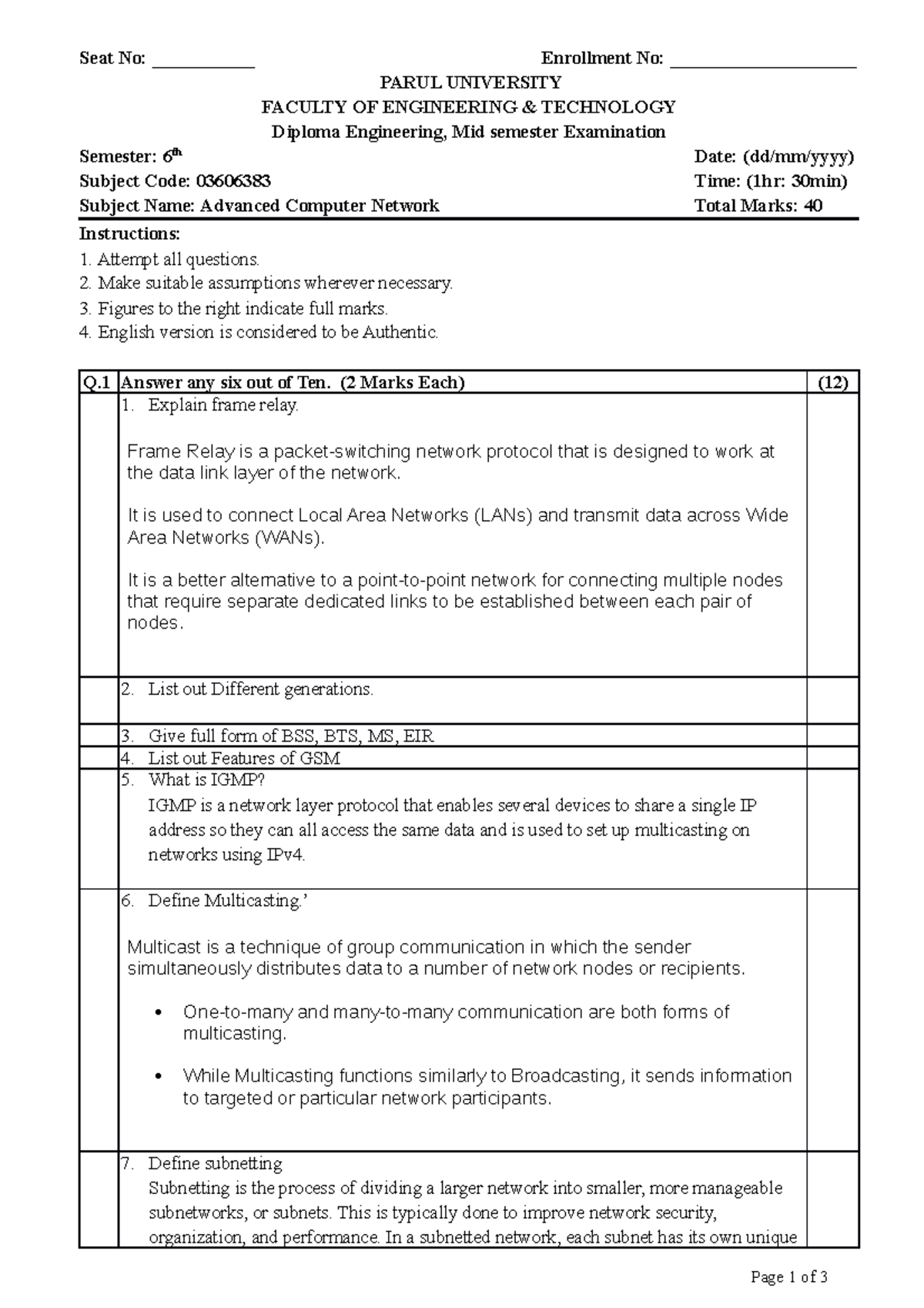 Advance computer networks , sample paper - Seat No ...