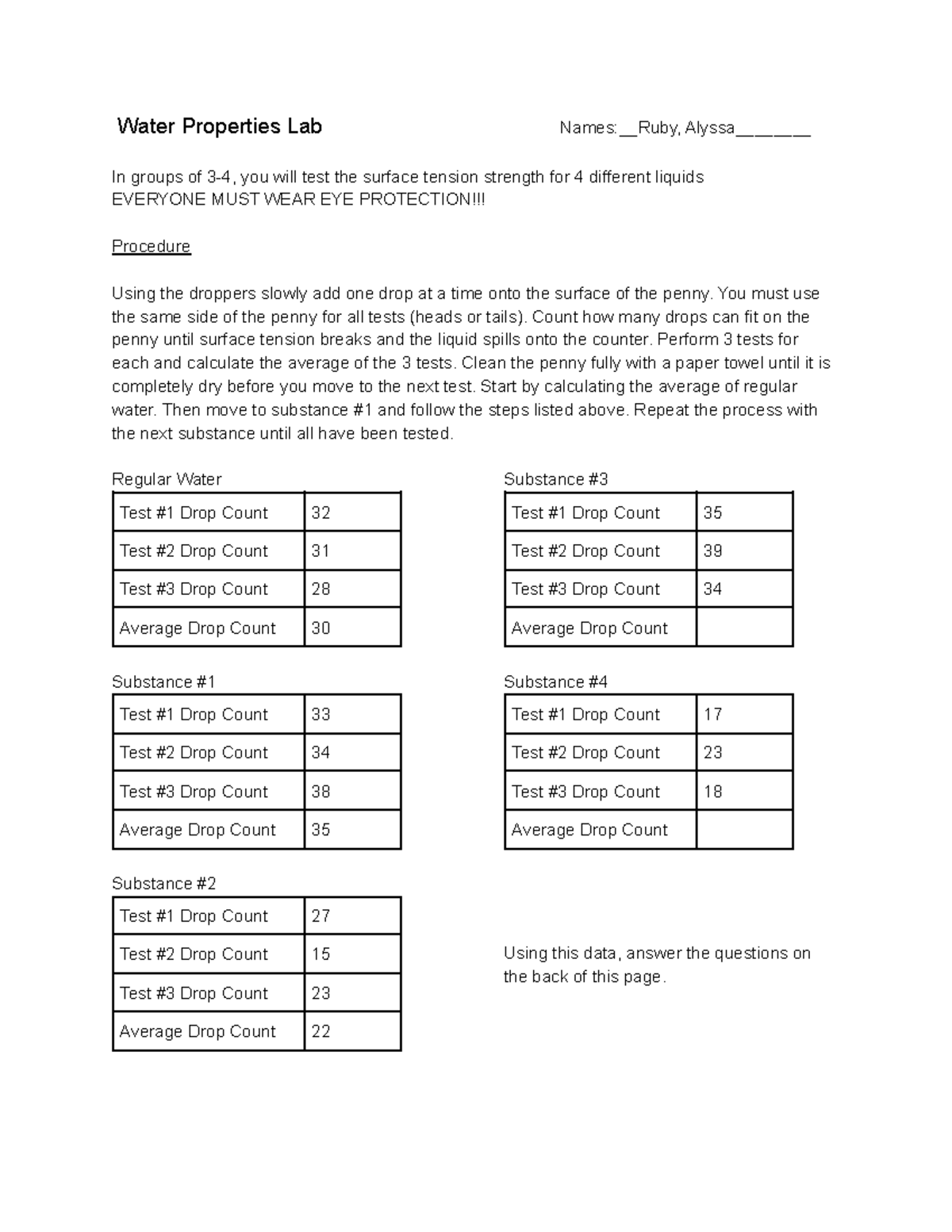 Copy of Water Properties Lab Water Properties Lab NamesRuby, Alyssa