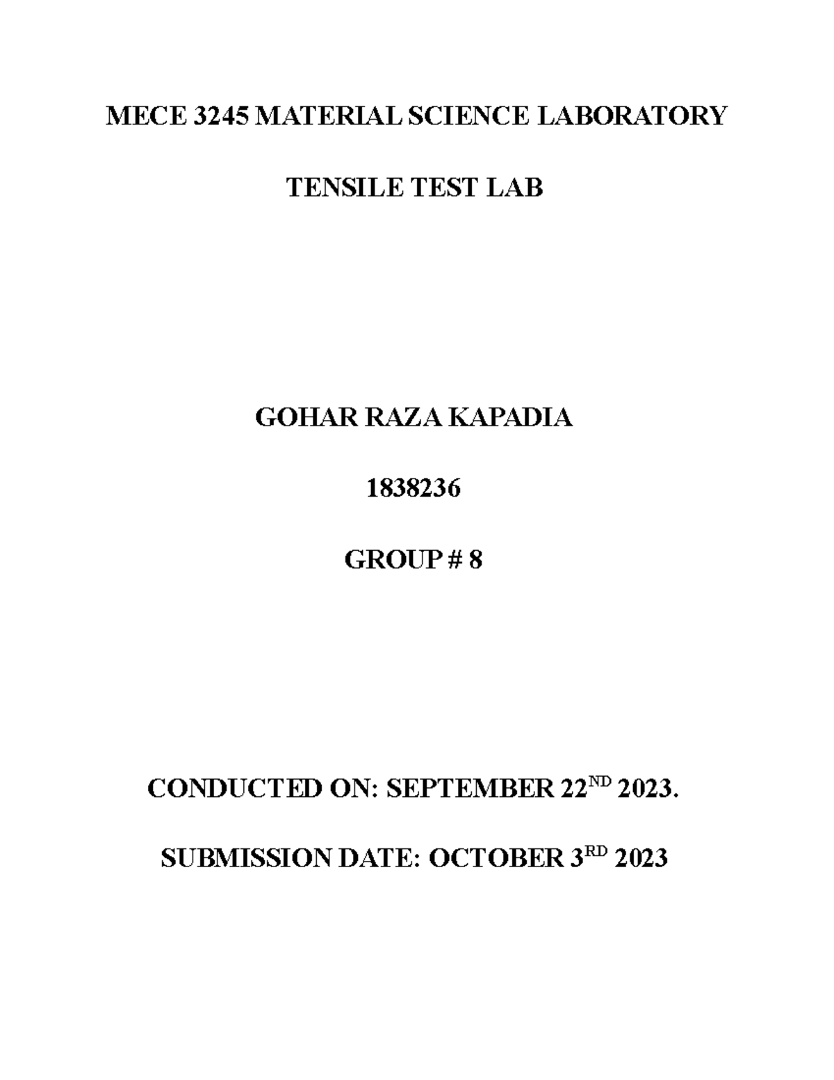 Tensile TEST LAB - MECE 3245 MATERIAL SCIENCE LABORATORY TENSILE TEST ...