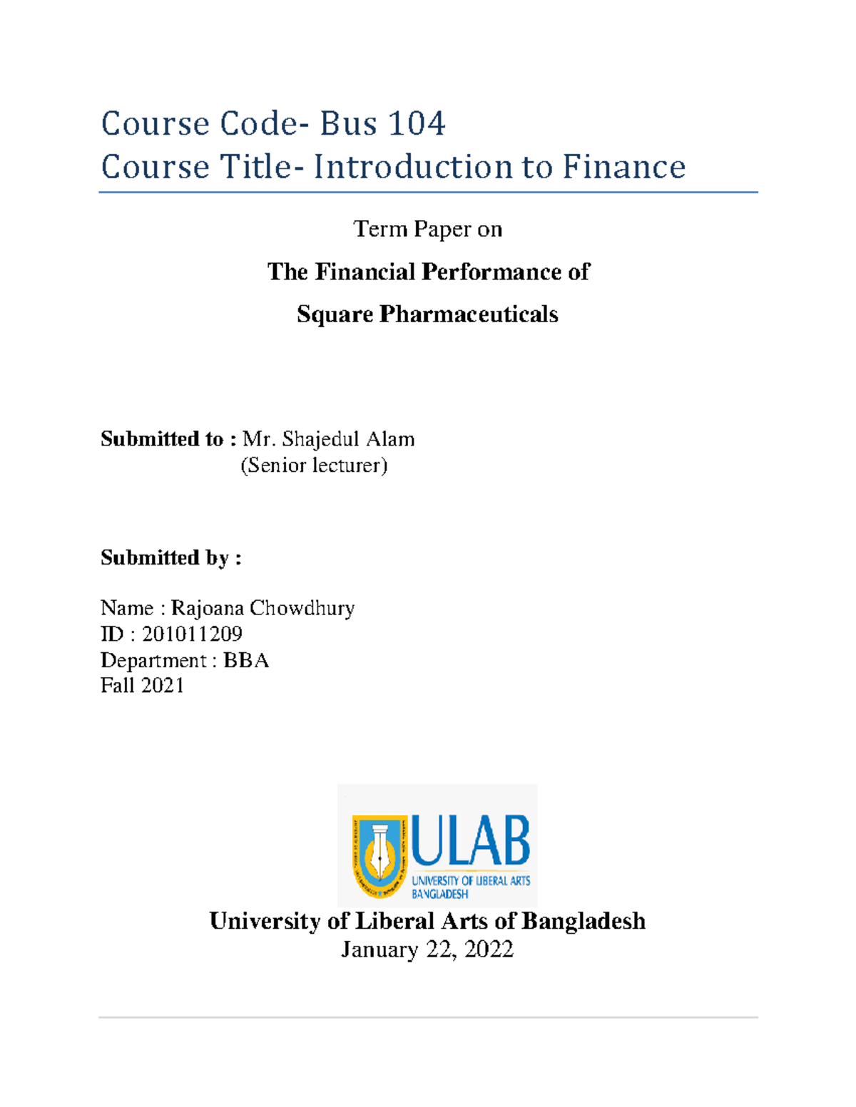 Financial statement analysis of Squire Pharmaceuticals - Course Code ...