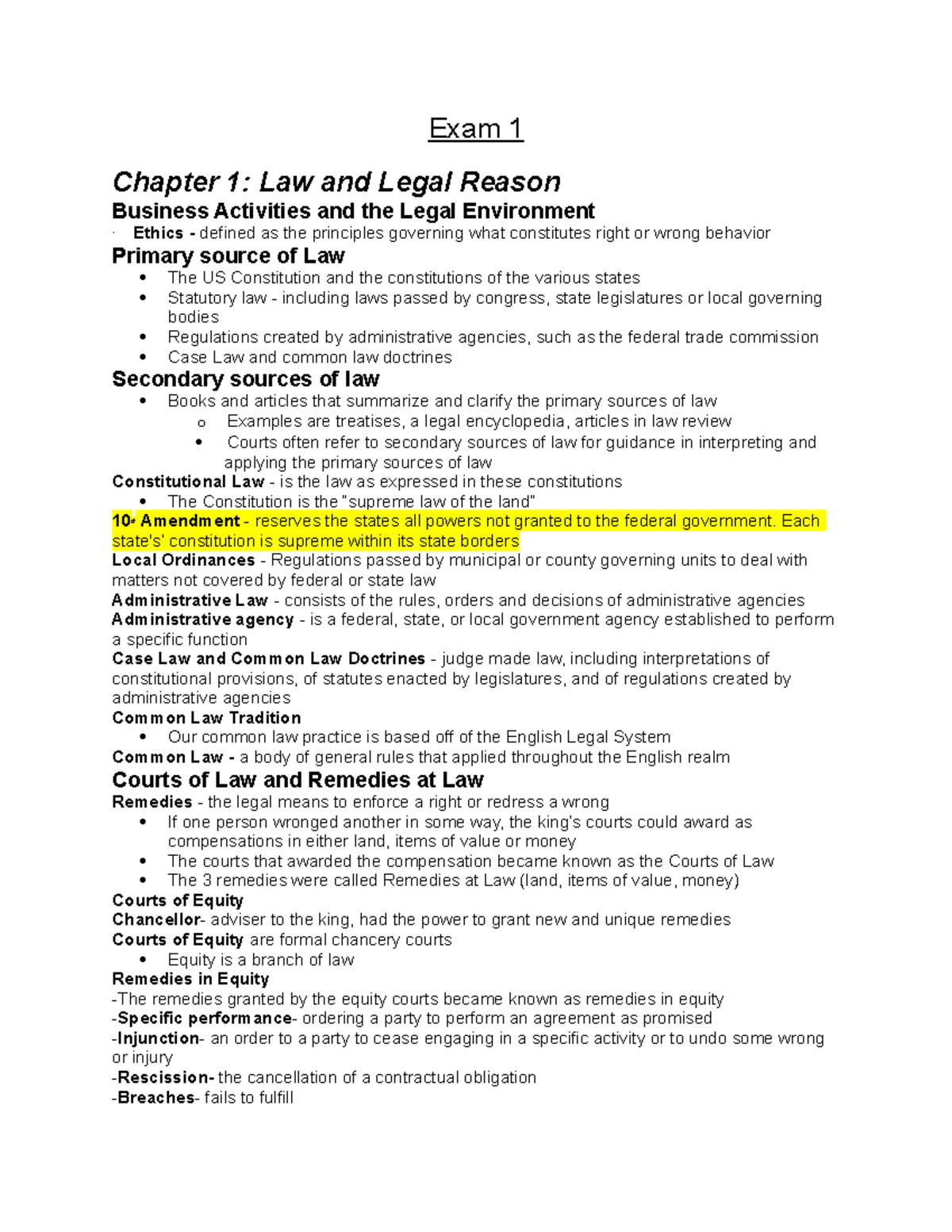 Blaw 372: Exam 1 lecture notes - Exam 1 Chapter 1: Law and Legal Reason ...