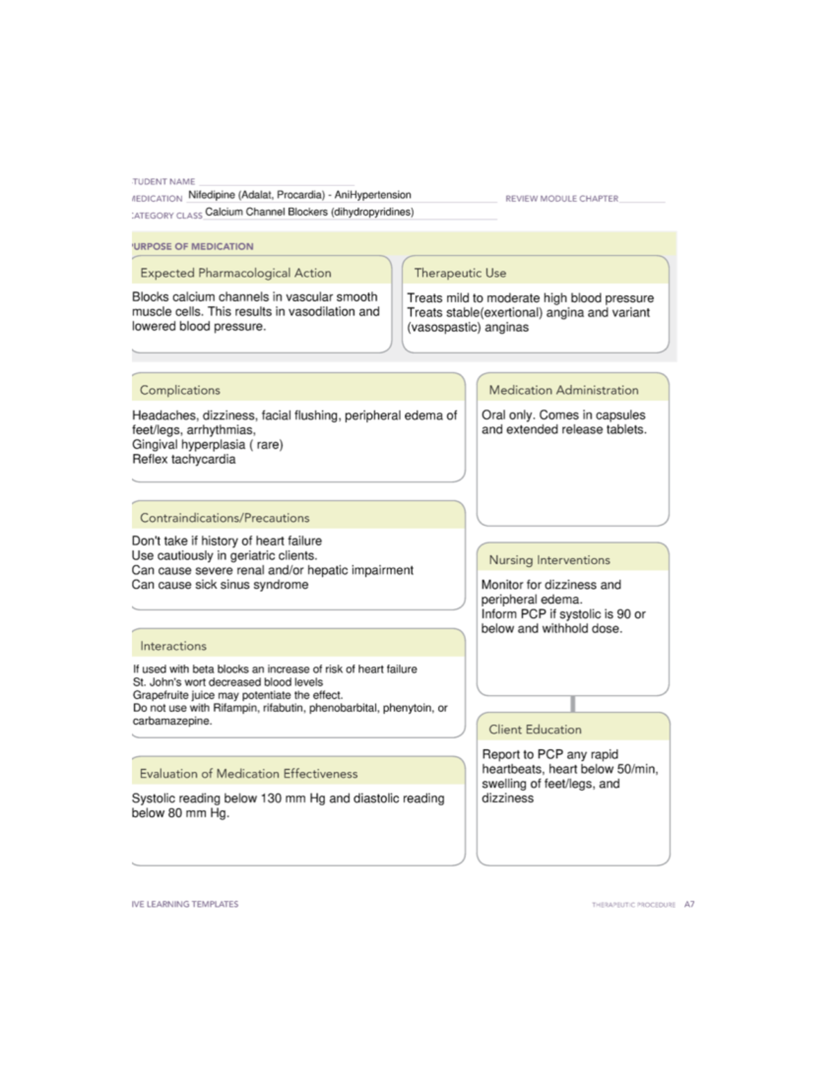 Med surg nifedipine - med card - Studocu