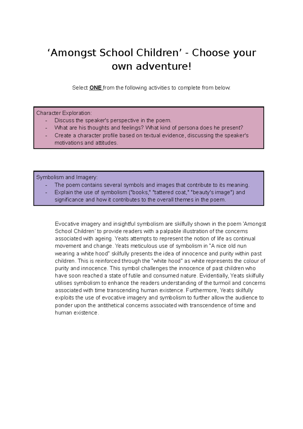 ‘Amongst School Children’ Choose your own adventure - ‘Amongst School ...