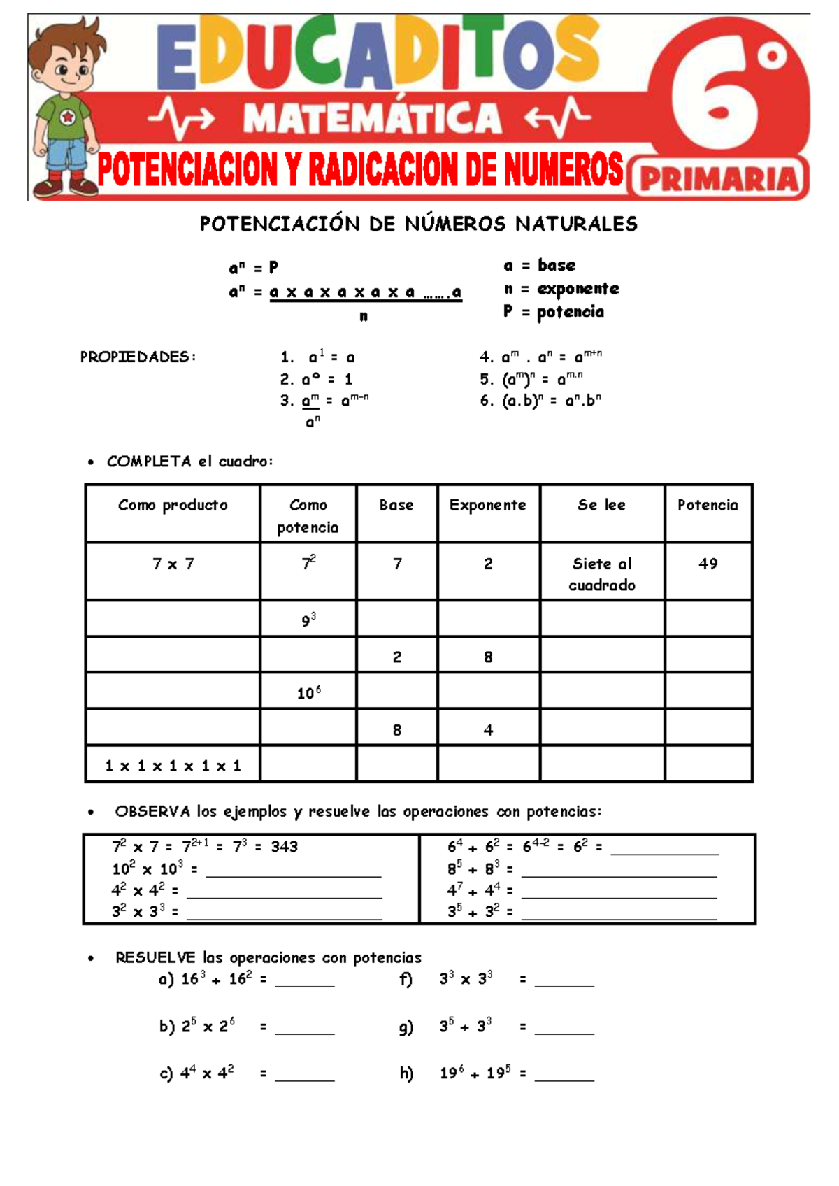 Potenciacion y Radicacion de Numeros para Sexto Grado de Primaria ...