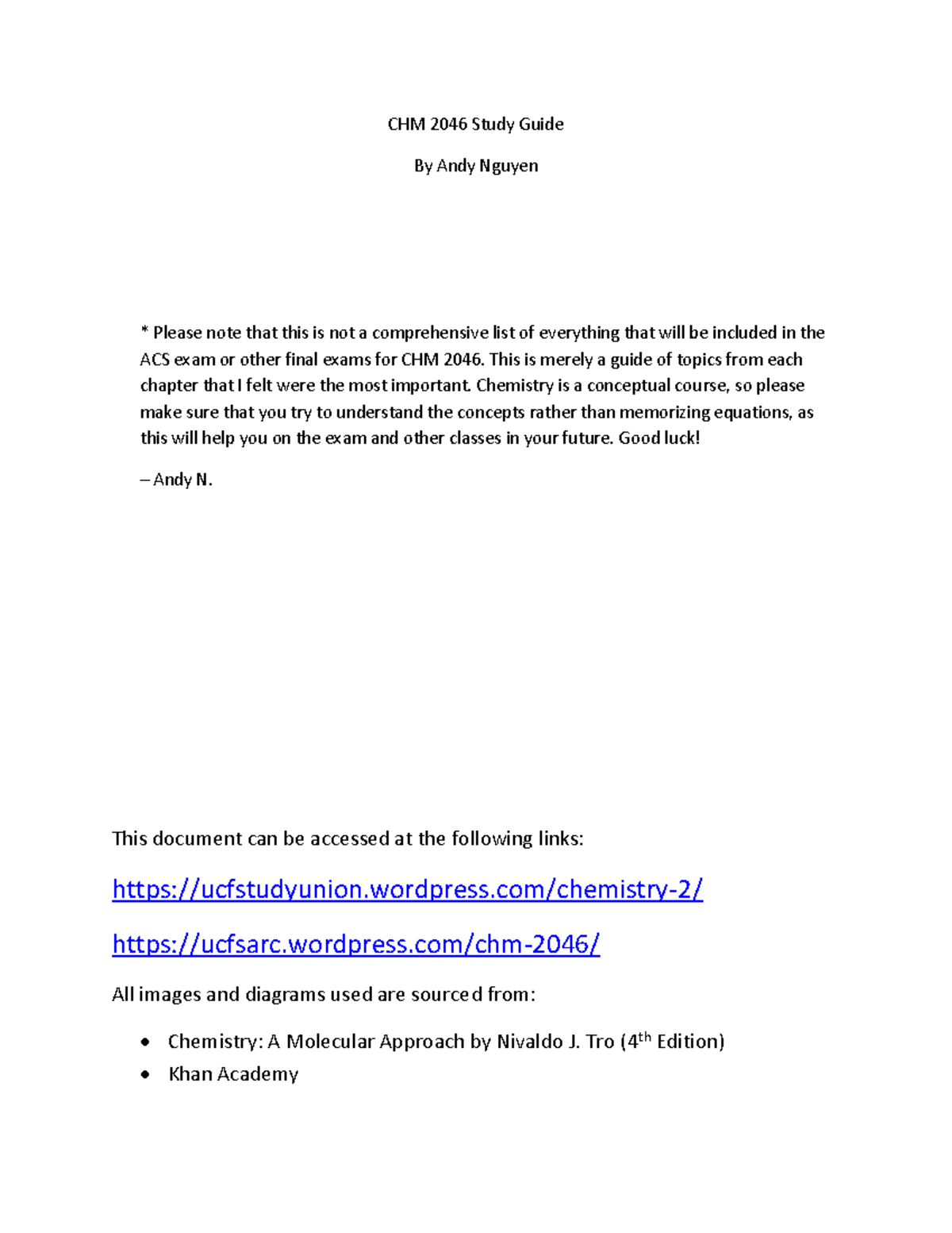 Chm 2046 final exam study guide - CHM 2046 Study Guide By Andy Nguyen ...