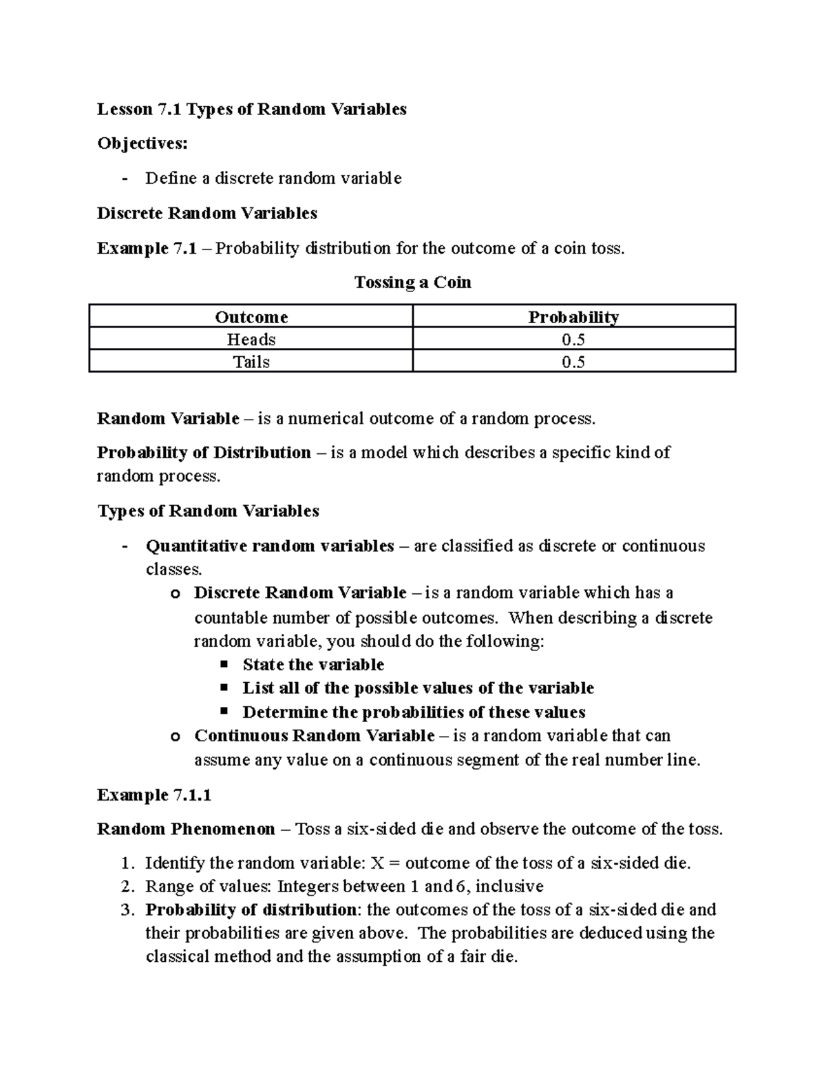 MATH1342 Hawkes Lesson 7.1 Types of Random Variables - Lesson 7 Types ...