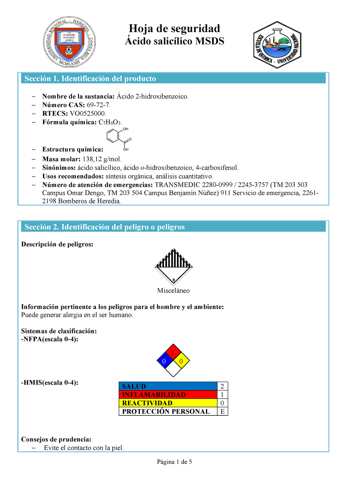 Acido Salicilico - Hoja De Seguridad - Hoja De Seguridad Ácido ...