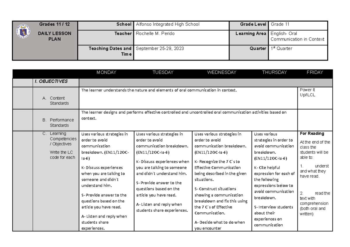 RMP WEEK 5 Sept .25-29, 2023 - Grades 11 / 12 DAILY LESSON PLAN School ...